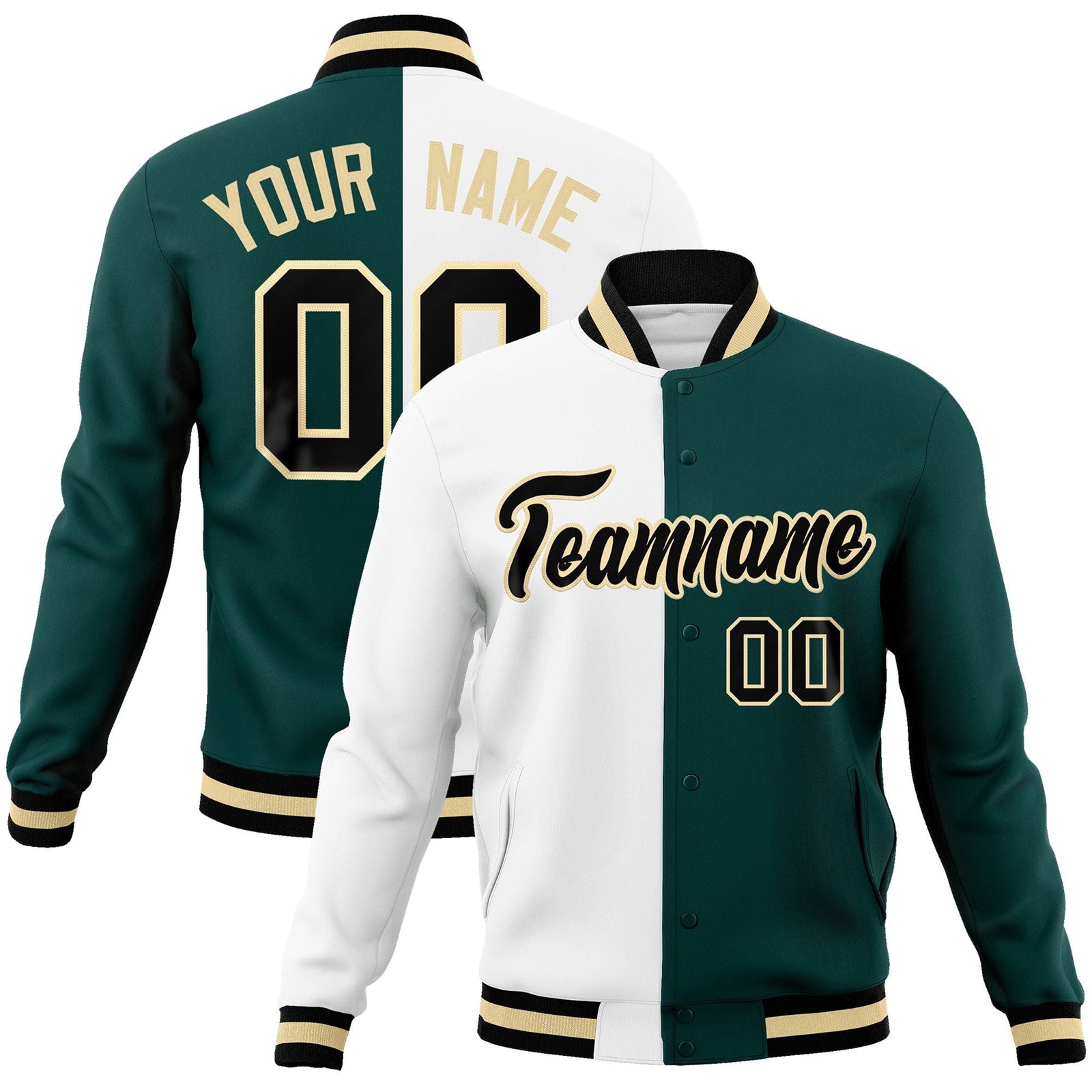 Custom White Midnight Green-Black Varsity Full-Snap Letterman Two Tone Split Fashion Jacket