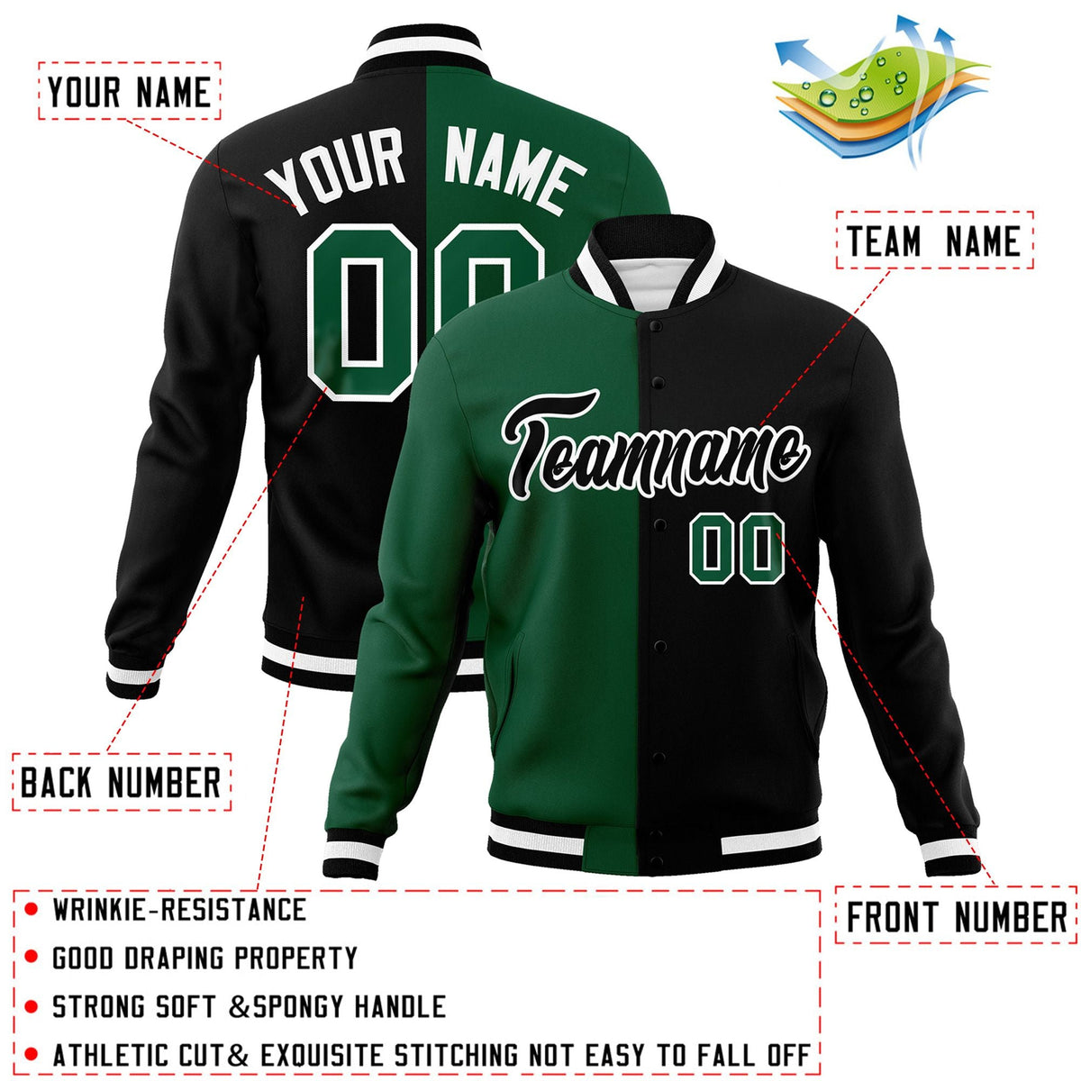 Custom Green Black-Black Varsity Full-Snap Letterman Two Tone Split Fashion Jacket