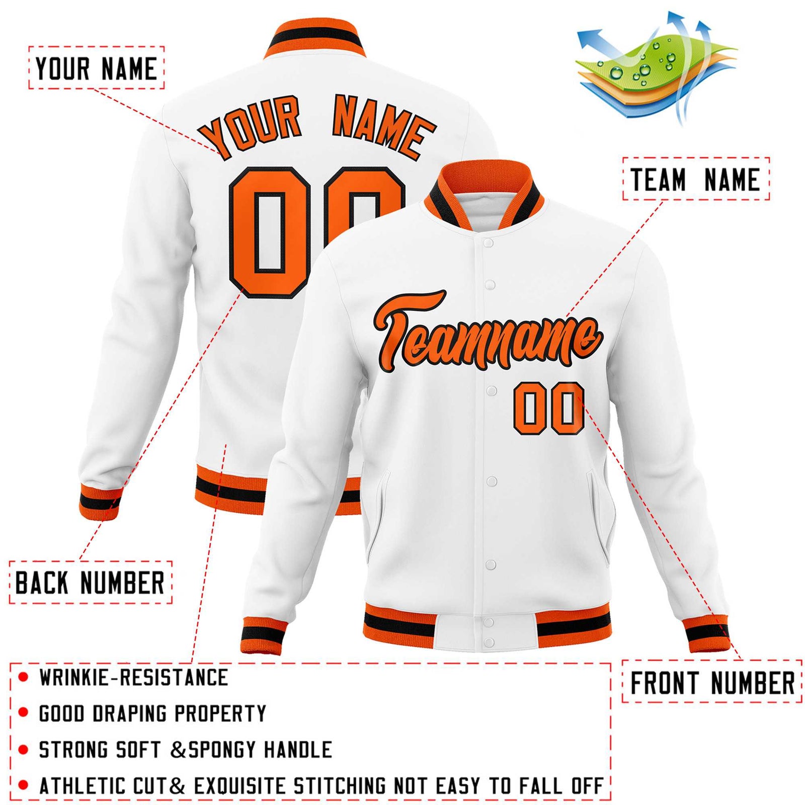 Custom White Orange-Black Classic Style Varsity Full-Snap Letterman Jacket