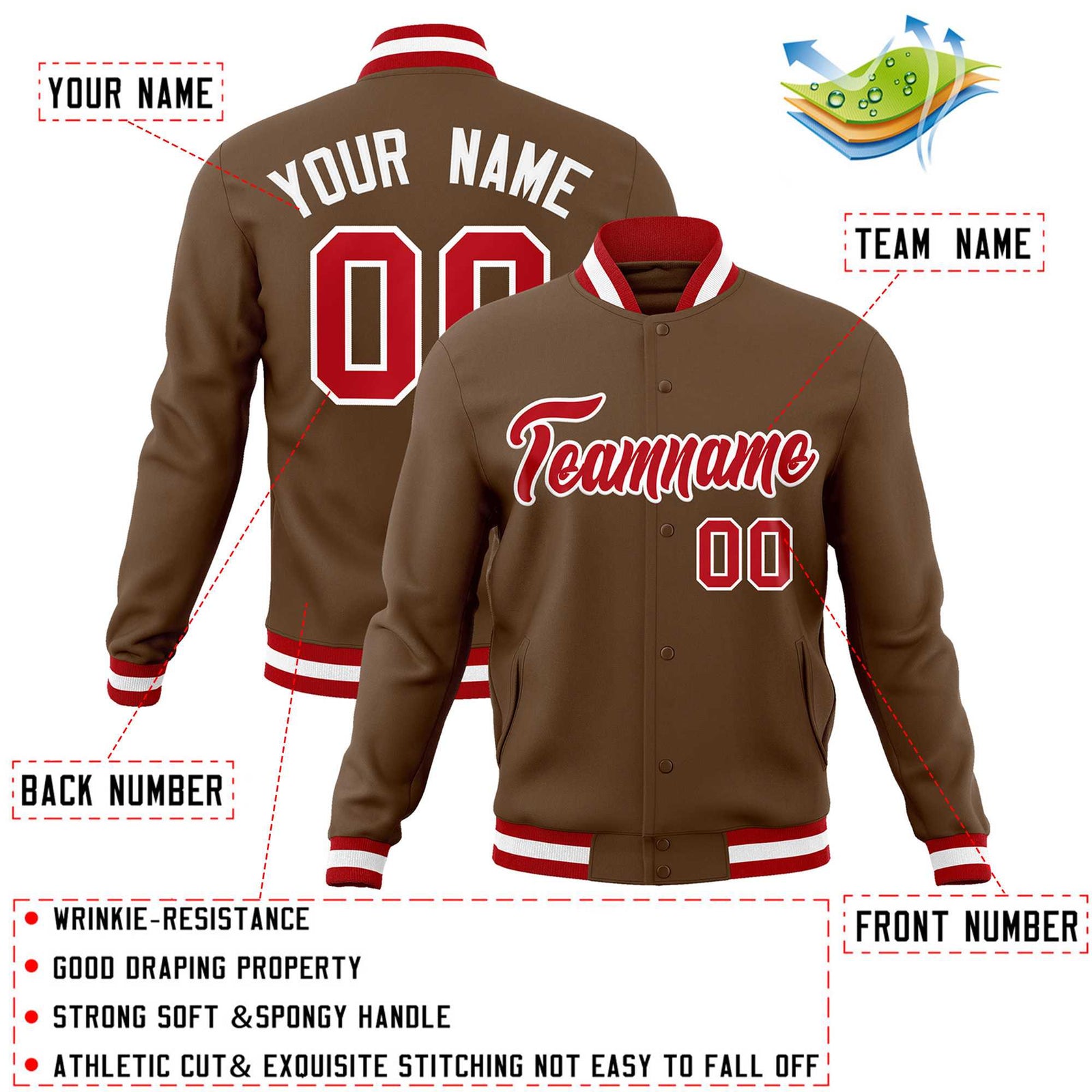 Custom Light Brown Red-White Classic Style Varsity Full-Snap Letterman Jacket