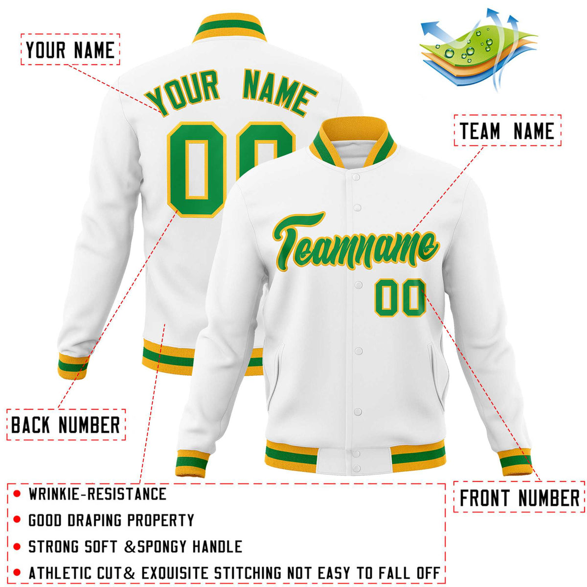 Custom White Kelly Green-Gold Classic Style Varsity Full-Snap Letterman Jacket