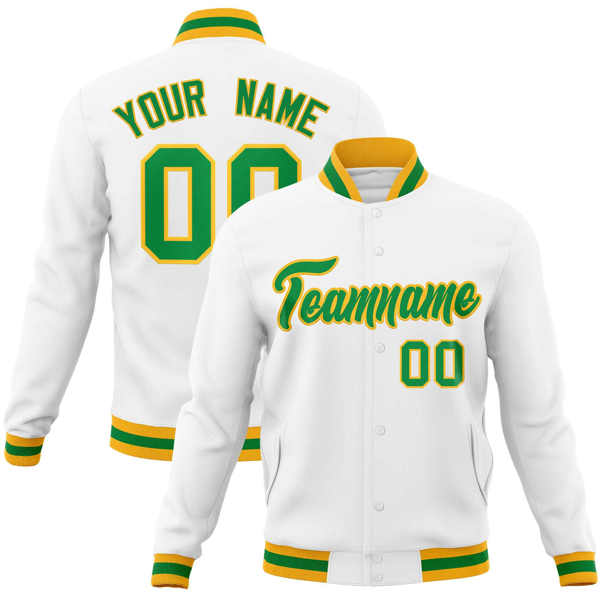 Custom White Kelly Green-Gold Classic Style Varsity Full-Snap Letterman Jacket