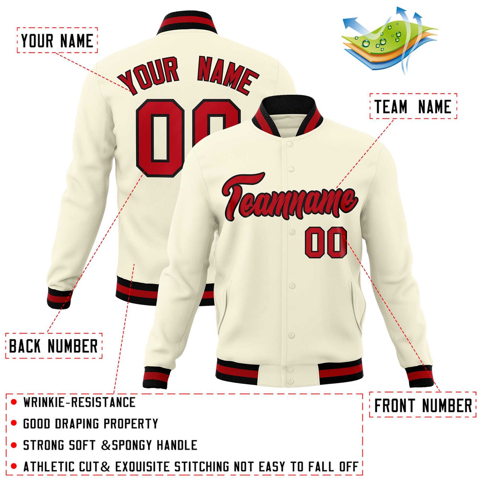 Custom Khaki Red-Black Classic Style Varsity Full-Snap Letterman Jacket