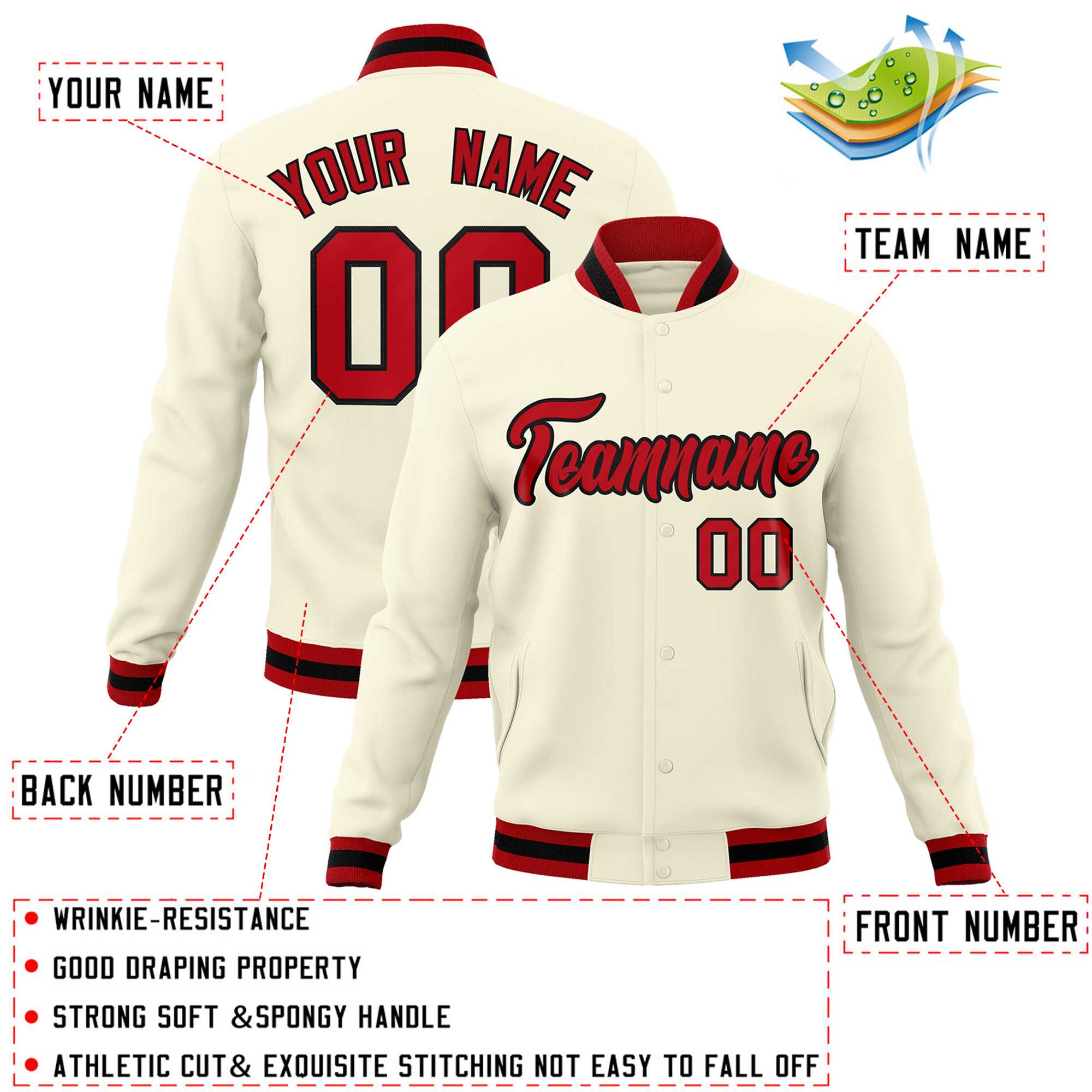 Custom Khaki Red-Black Classic Style Varsity Full-Snap Letterman Jacket