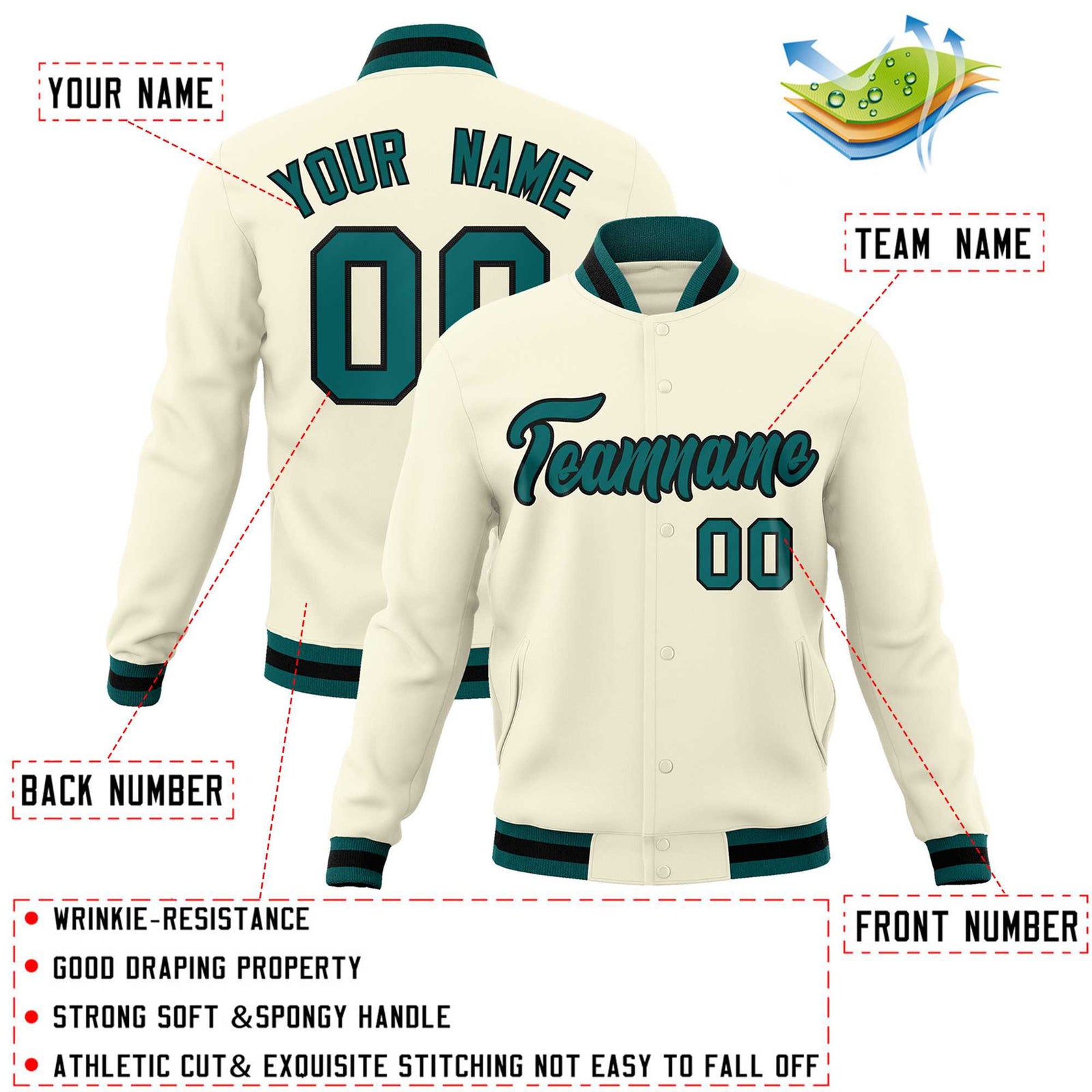 Custom Khaki Aqua-Black Classic Style Varsity Full-Snap Letterman Jacket