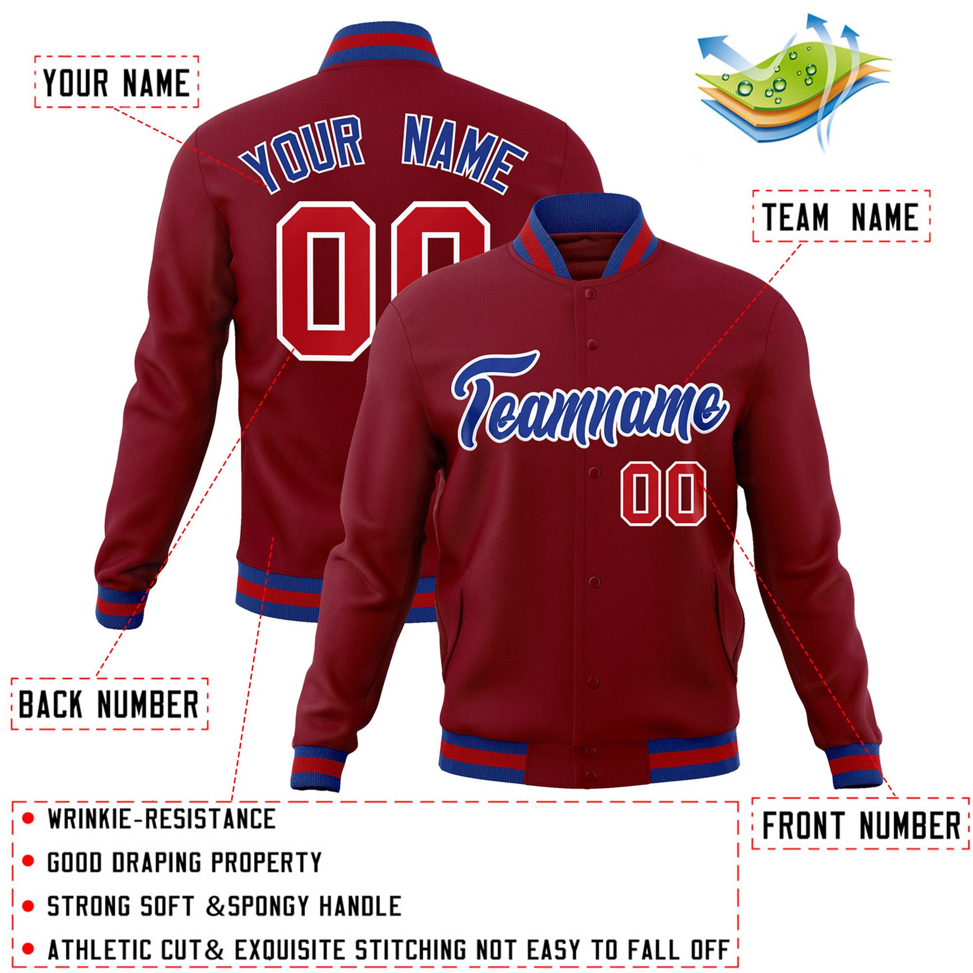 Custom Crimson Royal-White Classic Style Varsity Full-Snap Letterman Jacket