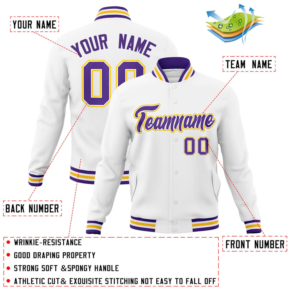 Custom White Purple-White Classic Style Varsity Full-Snap Letterman Jacket