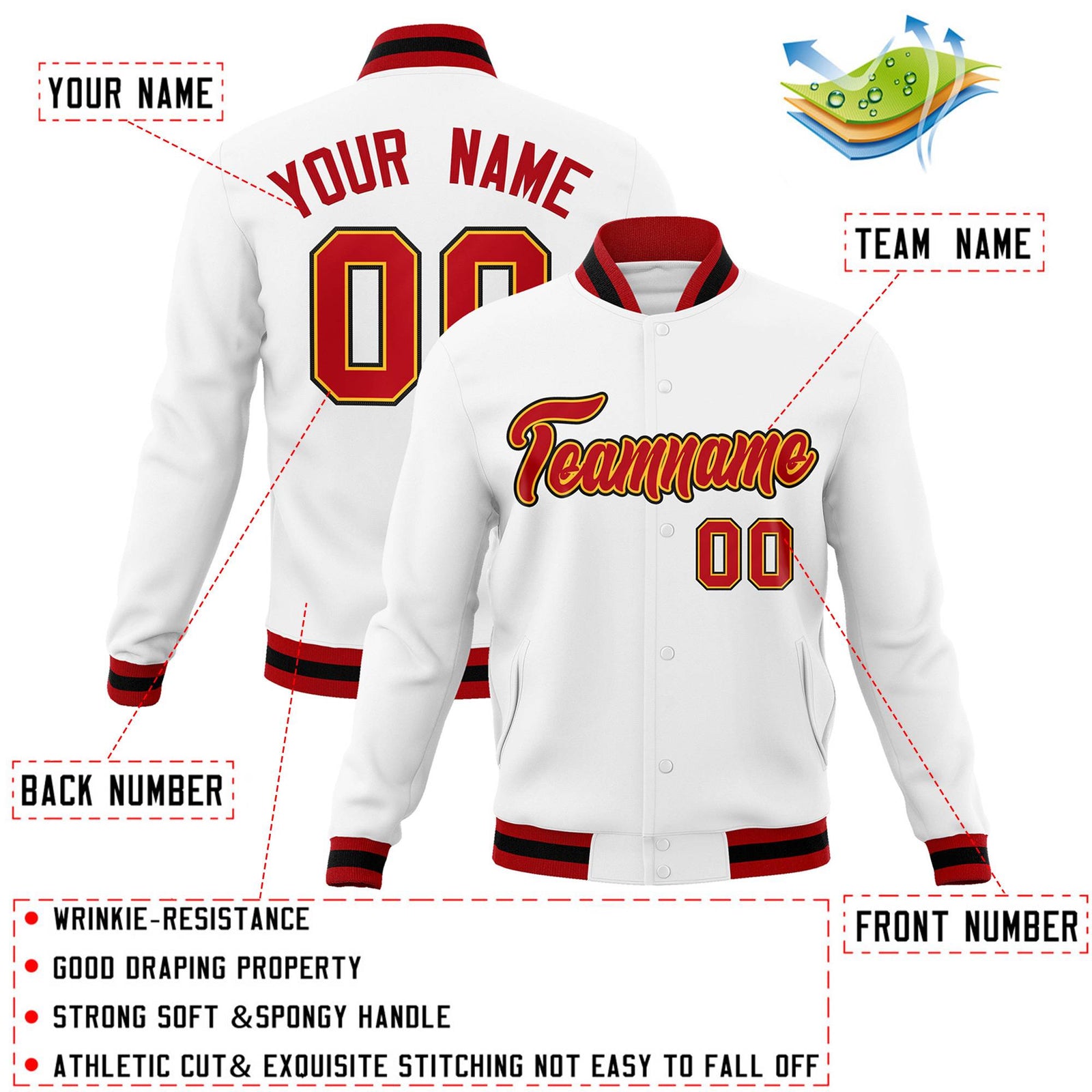 Custom White Red-Yellow Classic Style Varsity Full-Snap Letterman Jacket