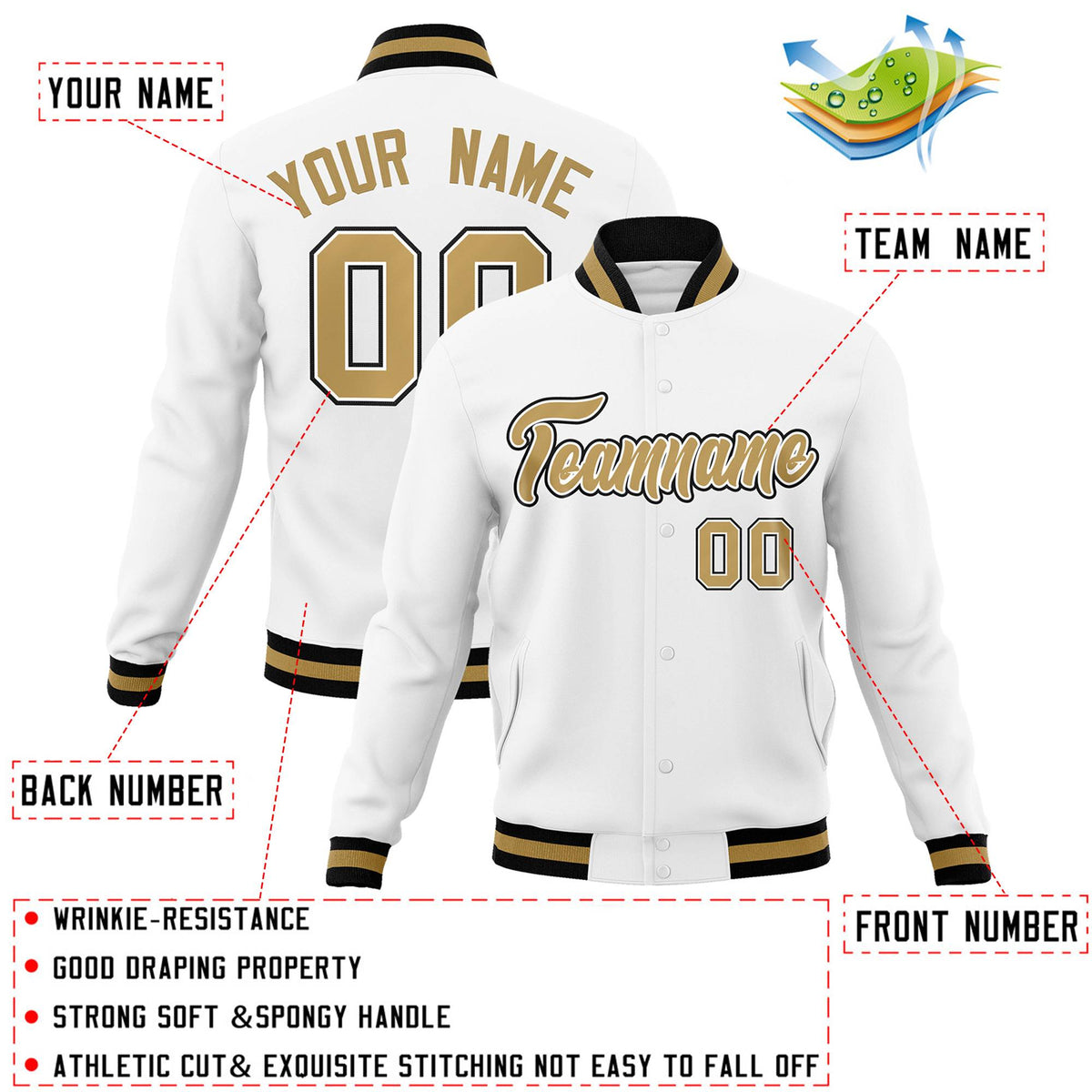 Custom White Old Gold-White Classic Style Varsity Full-Snap Letterman Jacket