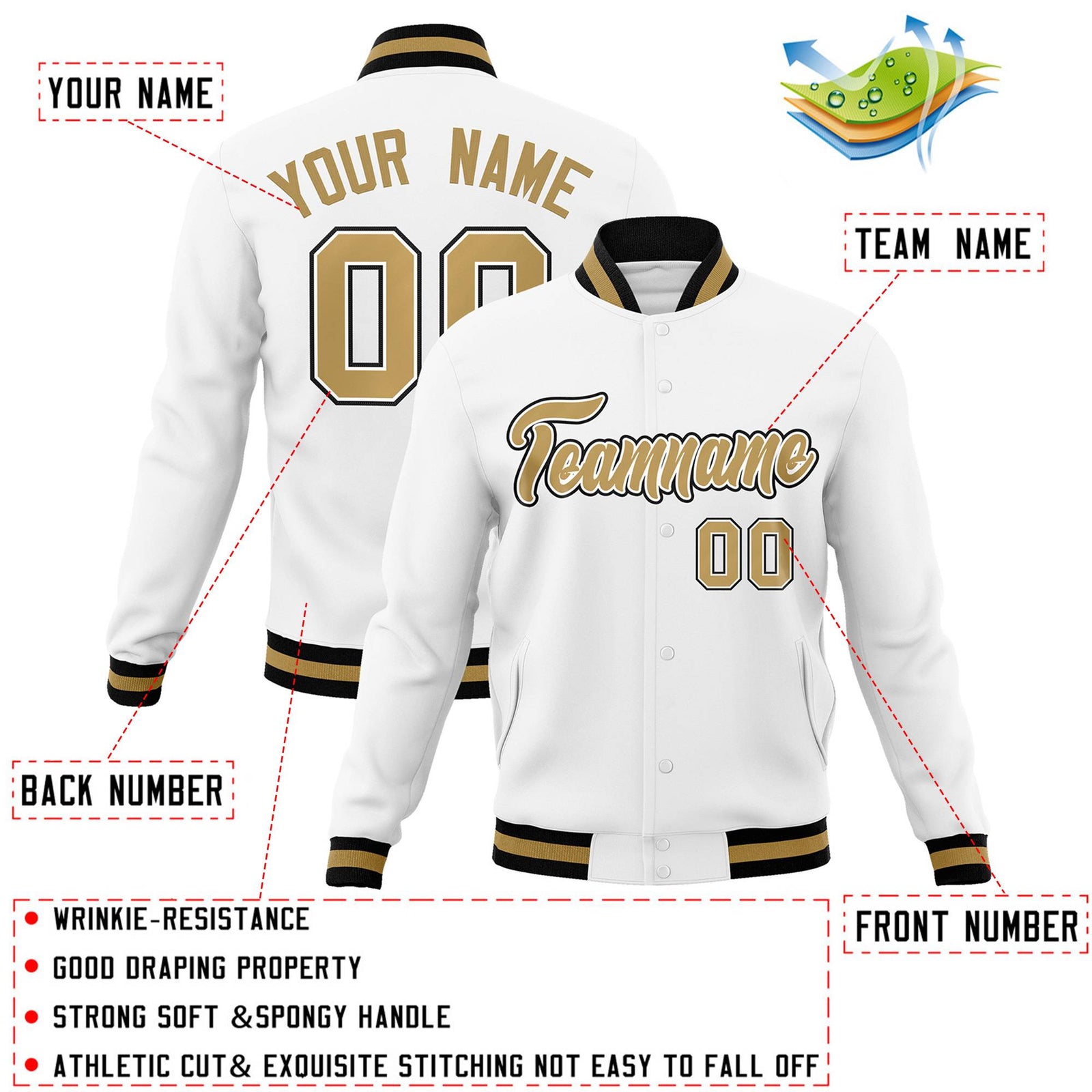 Custom White Old Gold-White Classic Style Varsity Full-Snap Letterman Jacket
