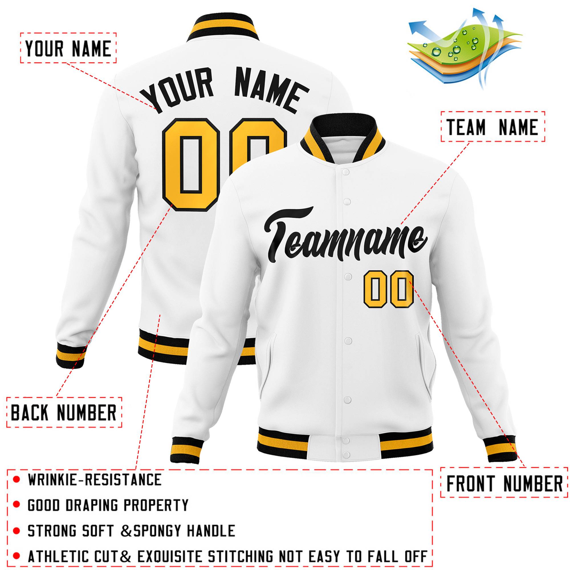 Custom White Black Classic Style Varsity Full-Snap Letterman Jacket