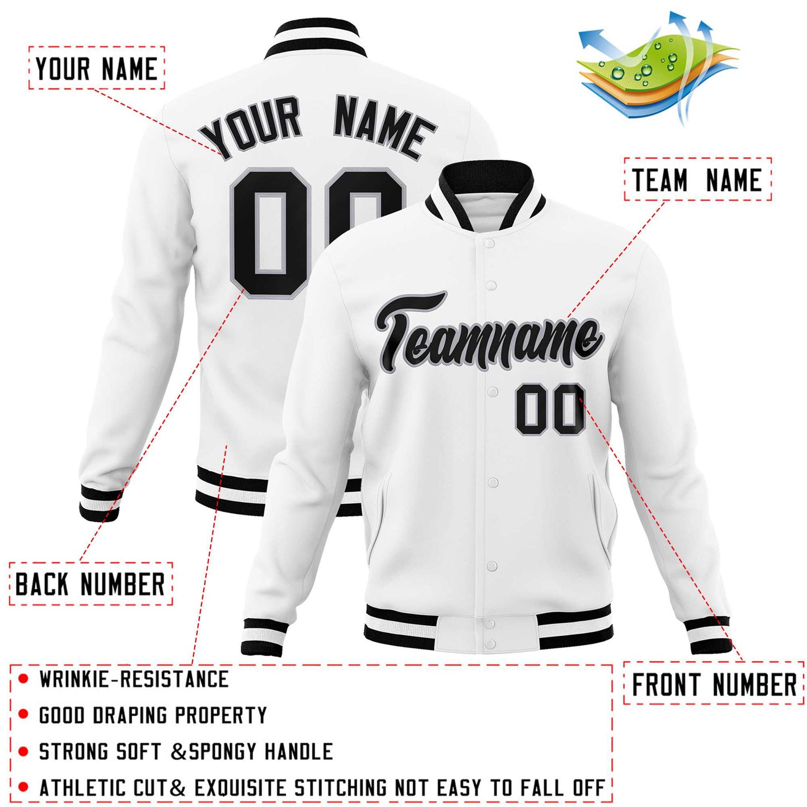 Custom White Black-Gray Classic Style Varsity Full-Snap Letterman Jacket
