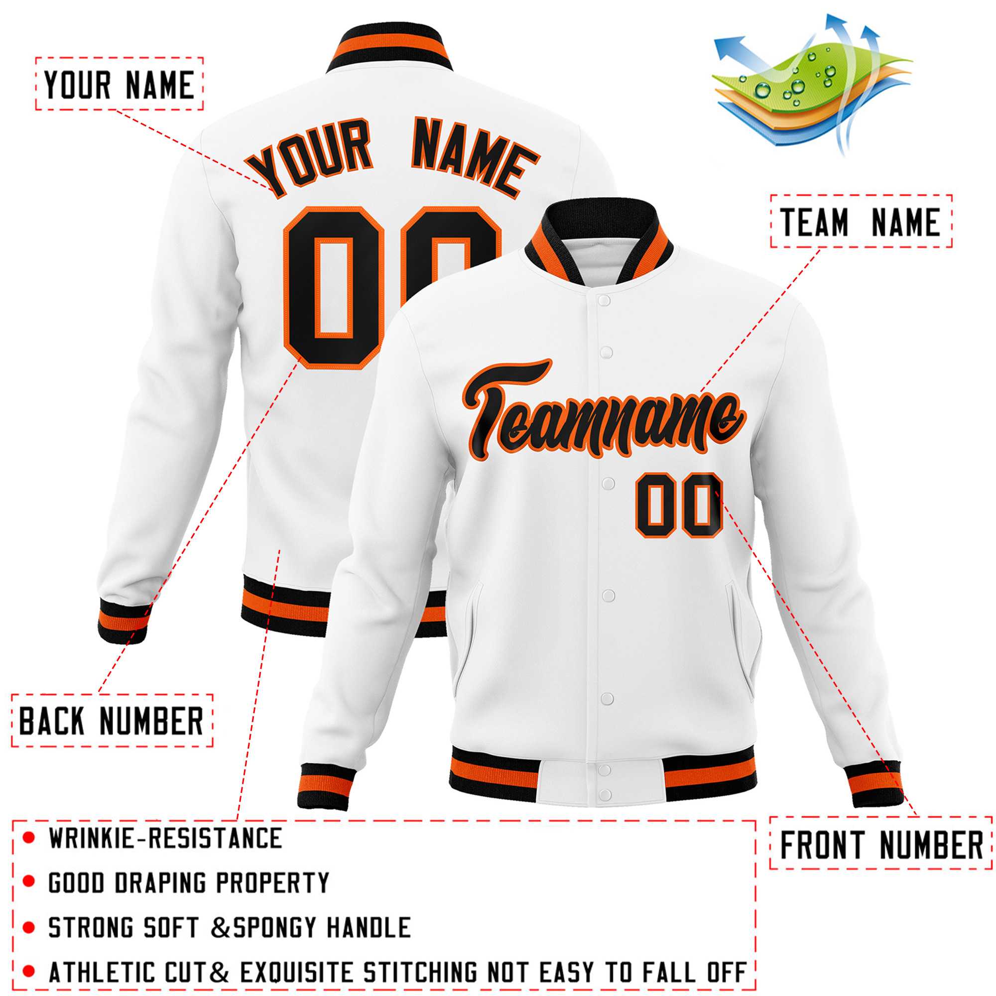 Custom White Black-Orange Classic Style Varsity Full-Snap Letterman Jacket