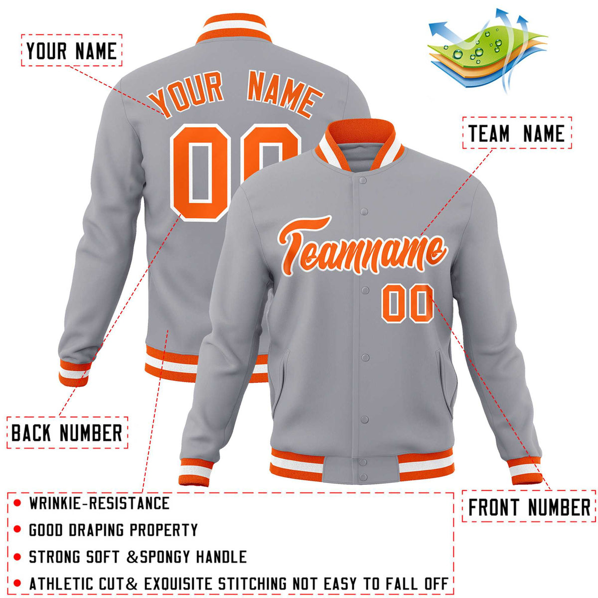 Custom Gray Orange-White Classic Style Varsity Full-Snap Letterman Jacket