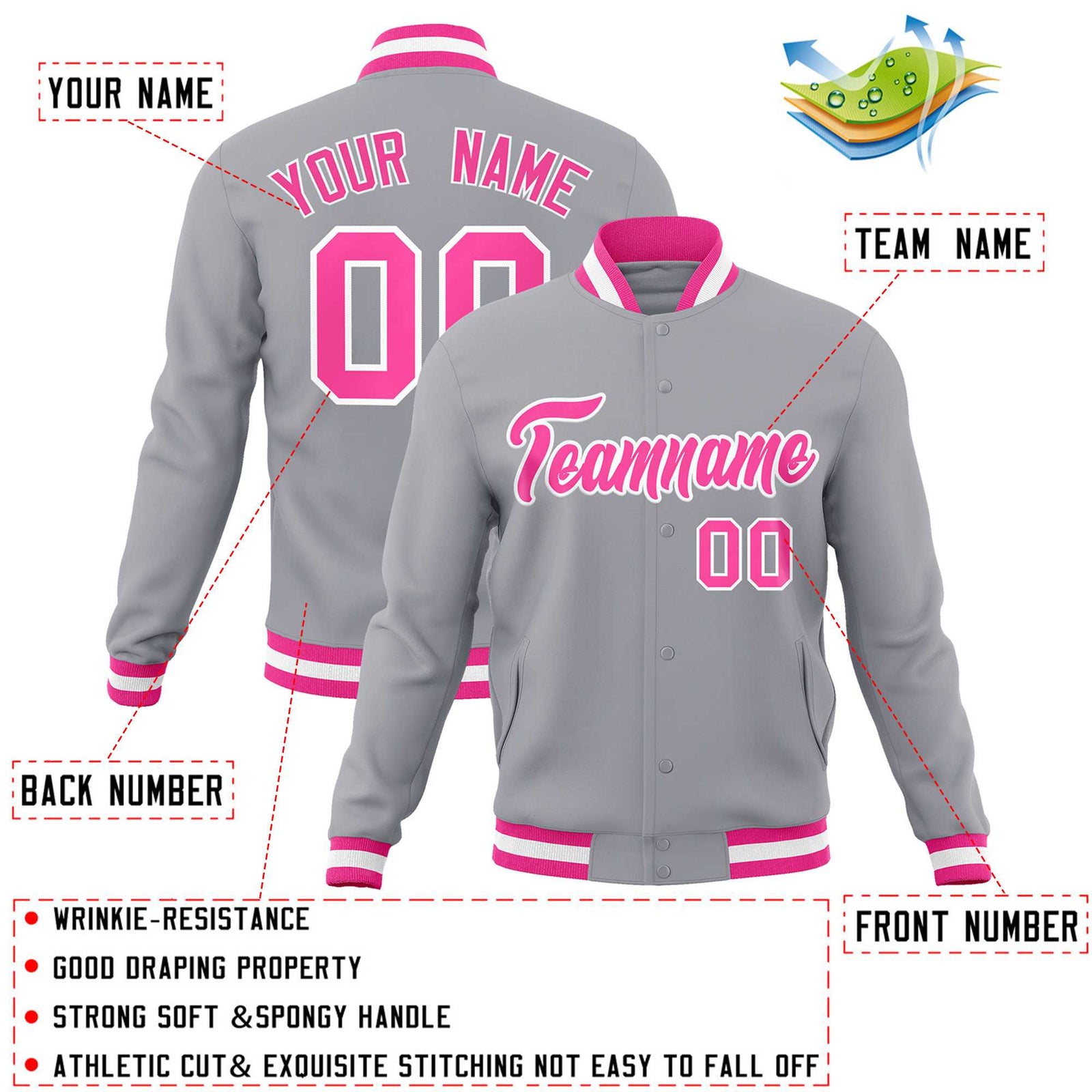 Custom Gray Pink-White Classic Style Varsity Full-Snap Letterman Jacket