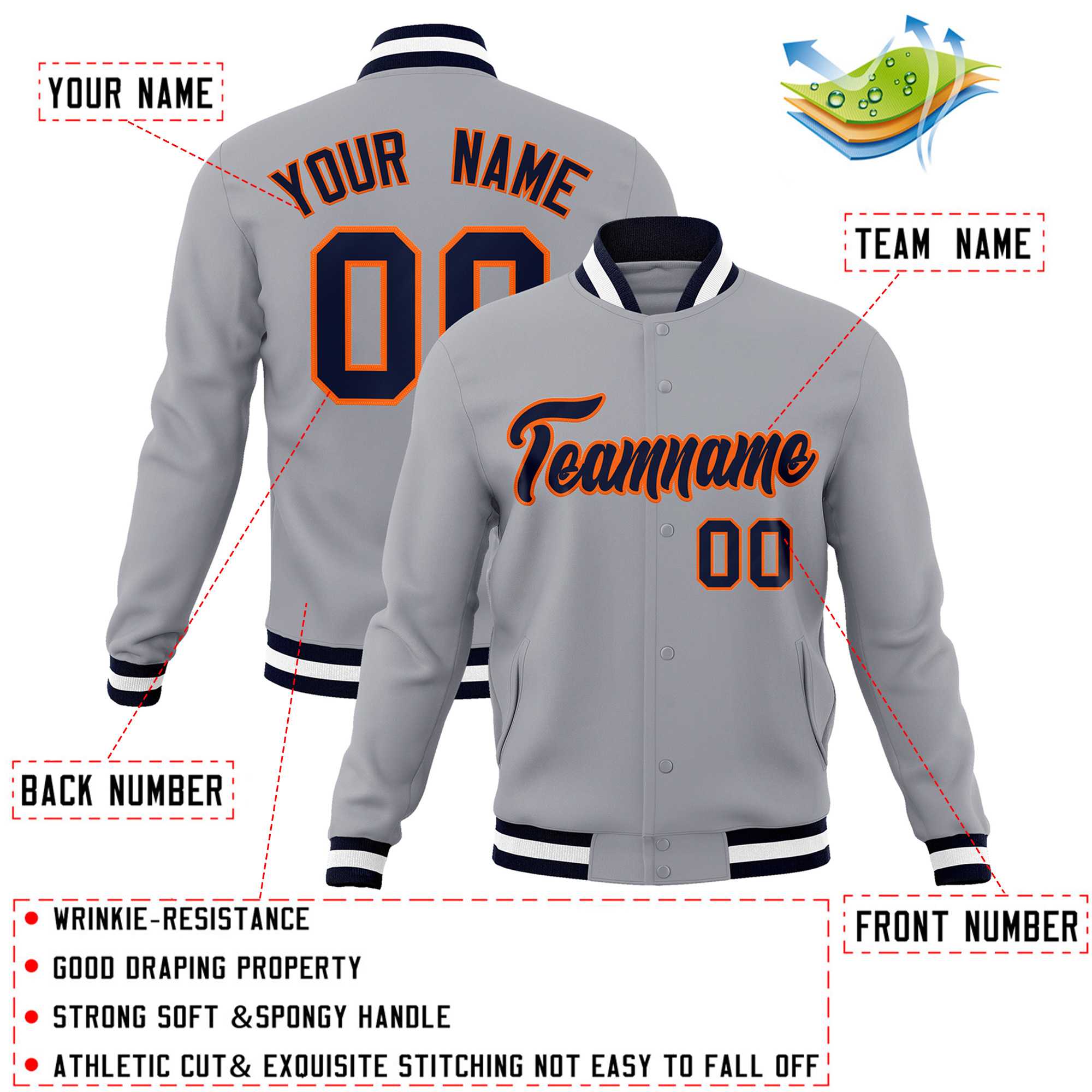 Custom Gray Navy-Orange Classic Style Varsity Full-Snap Letterman Jacket