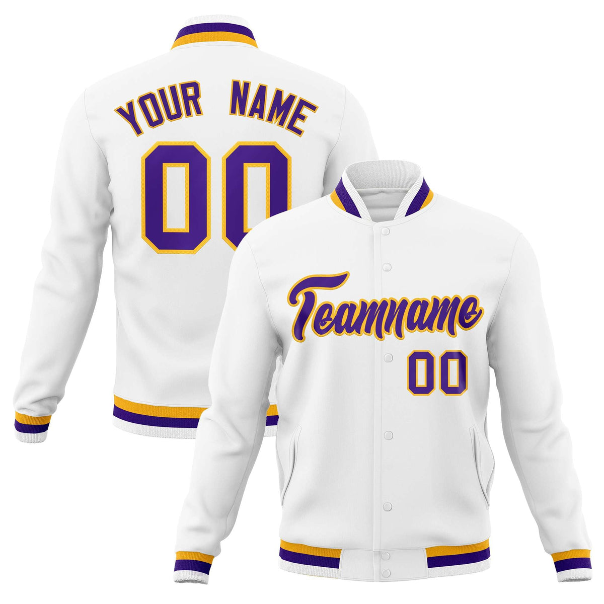 Custom White Purple-Gold Classic Style Varsity Full-Snap Letterman Jacket
