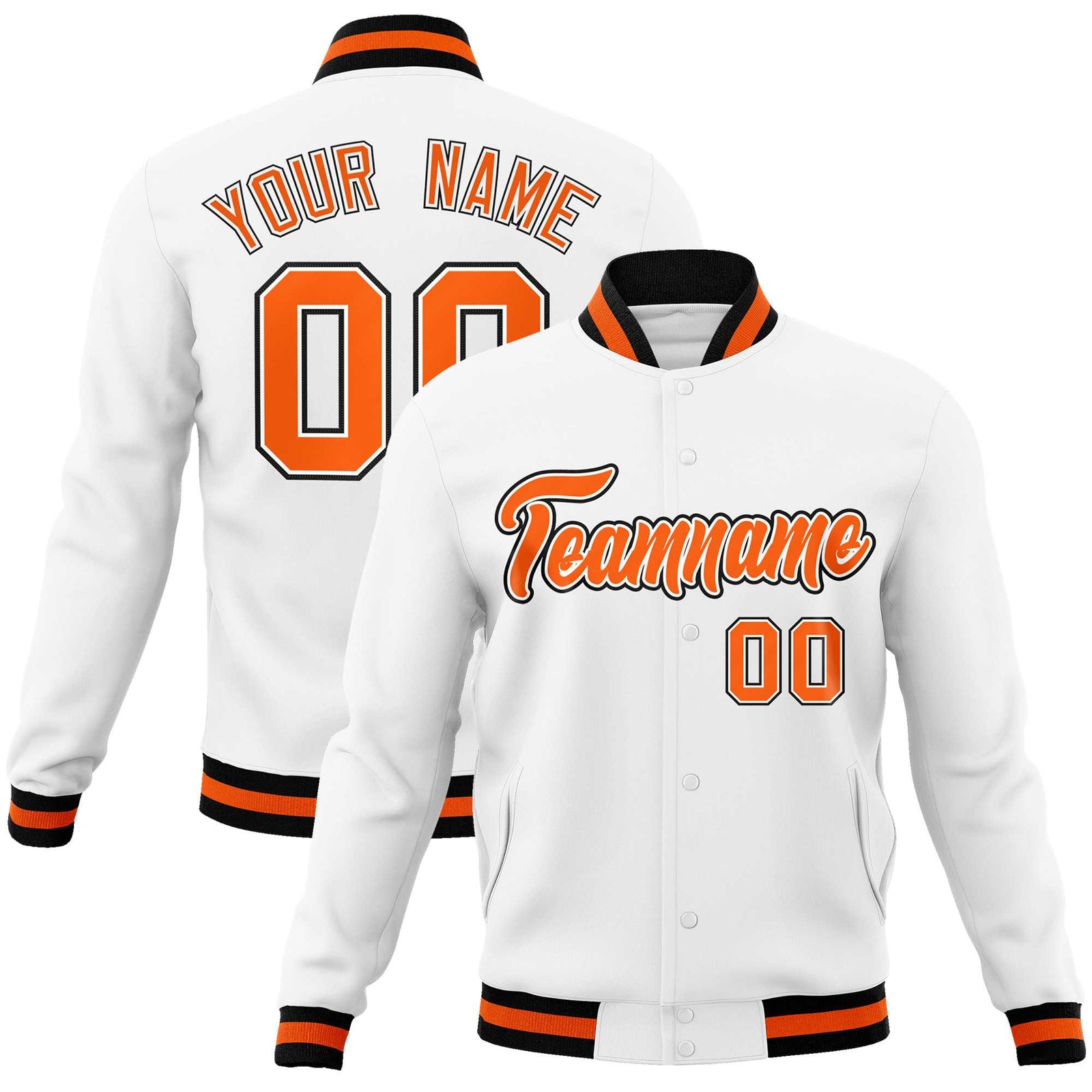 Custom White Orange-Black Classic Style Varsity Full-Snap Letterman Jacket