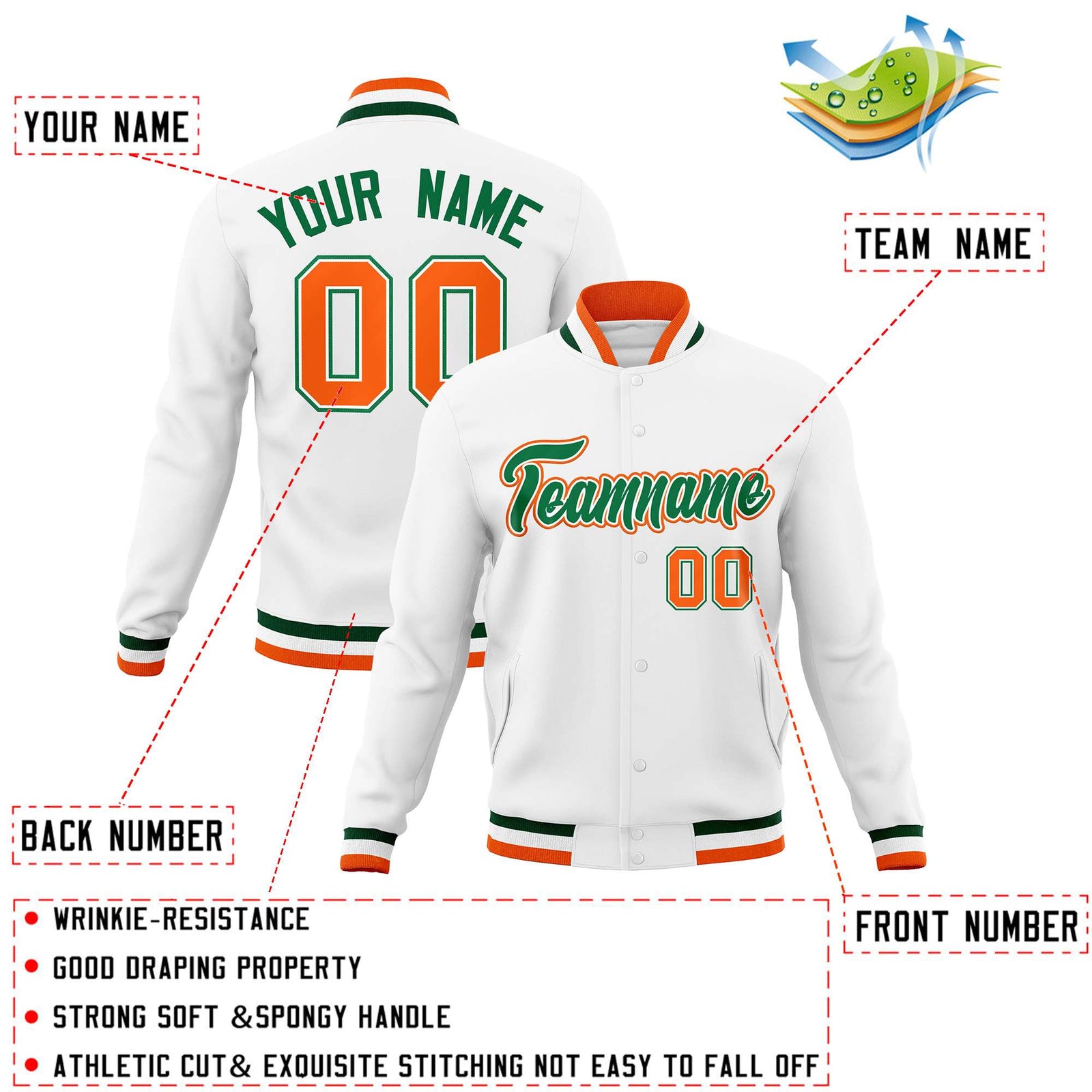 Custom White Green-Orange Classic Style Varsity Full-Snap Letterman Jacket
