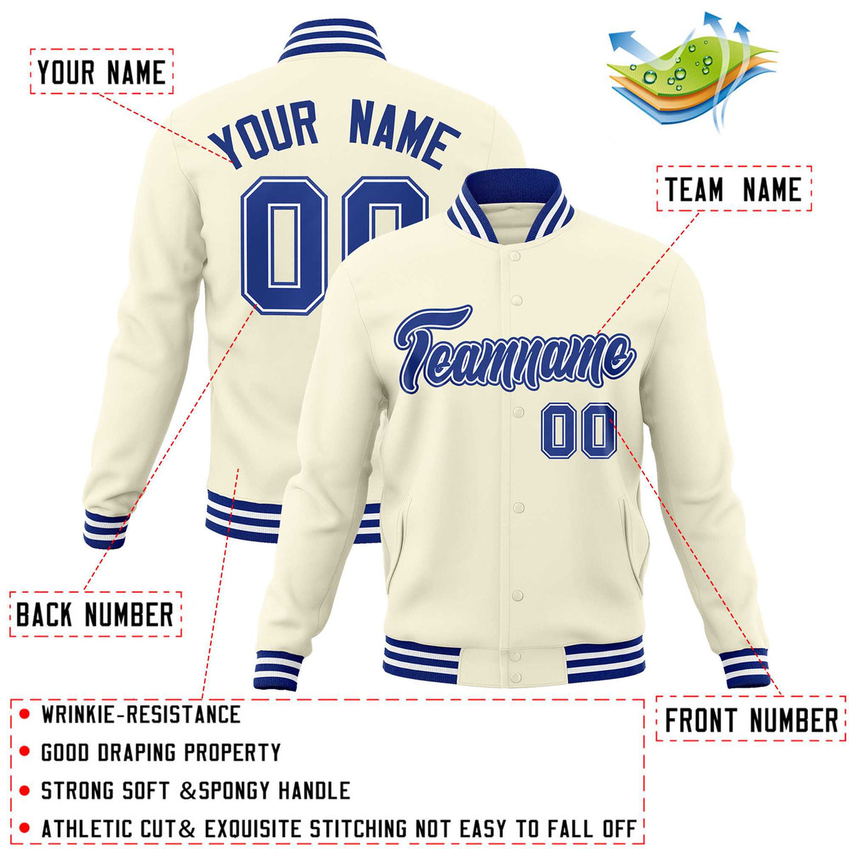 Custom Khaki Royal-Royal Classic Style Varsity Full-Snap Letterman Jacket