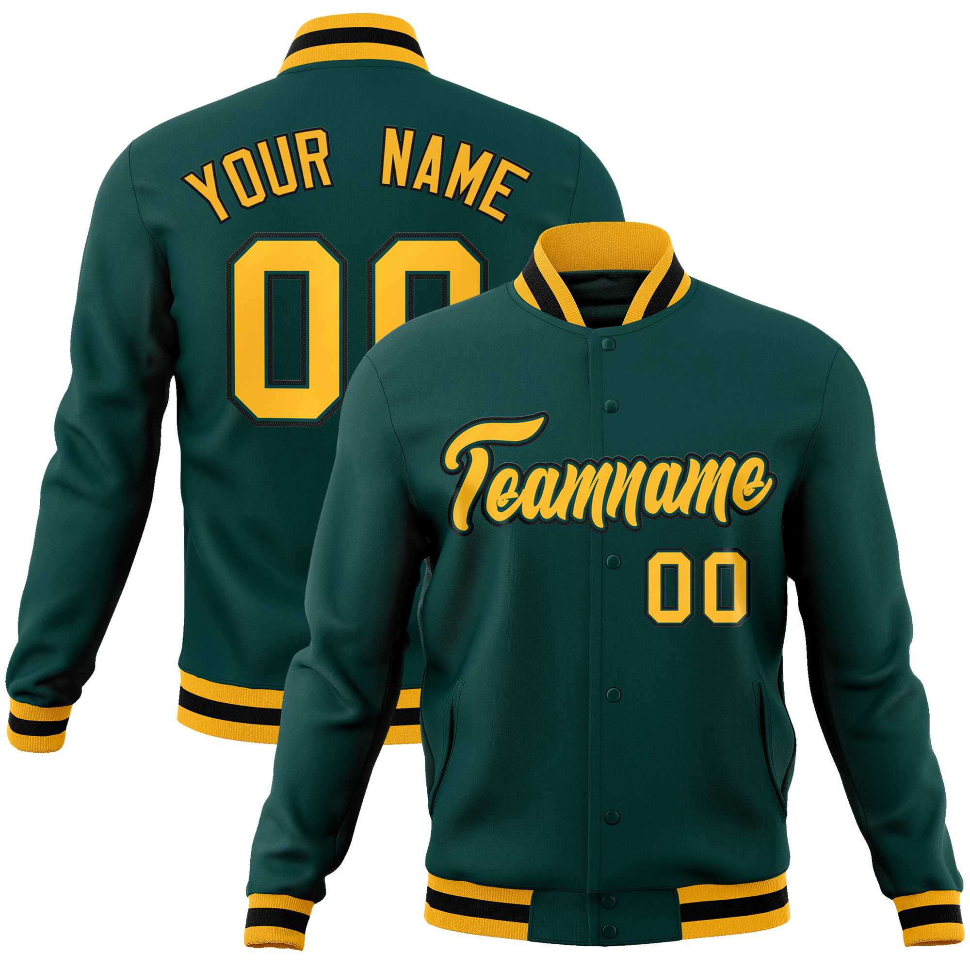 Custom Midnight Green Gold-Black Classic Style Varsity Full-Snap Letterman Jacket