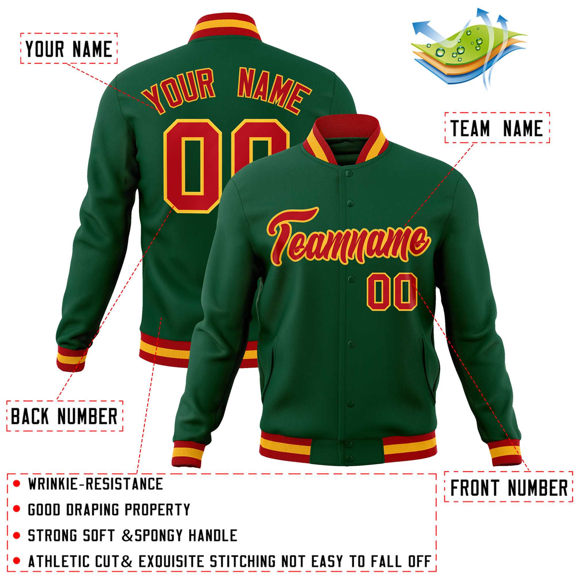 Custom Green Red-Gold Classic Style Varsity Full-Snap Letterman Jacket