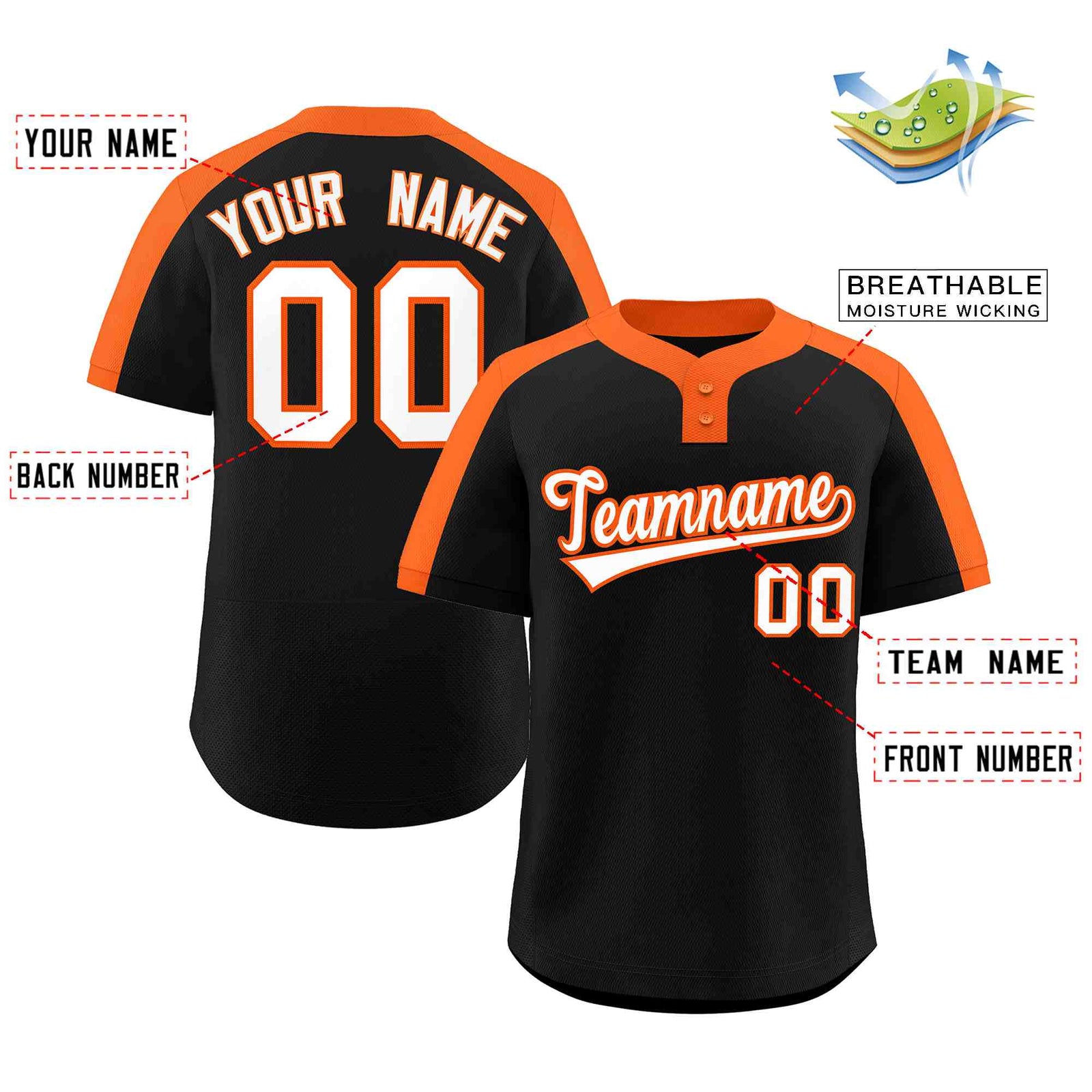 Custom Black White-Orange Classic Style Authentic Two-Button Softball Jersey