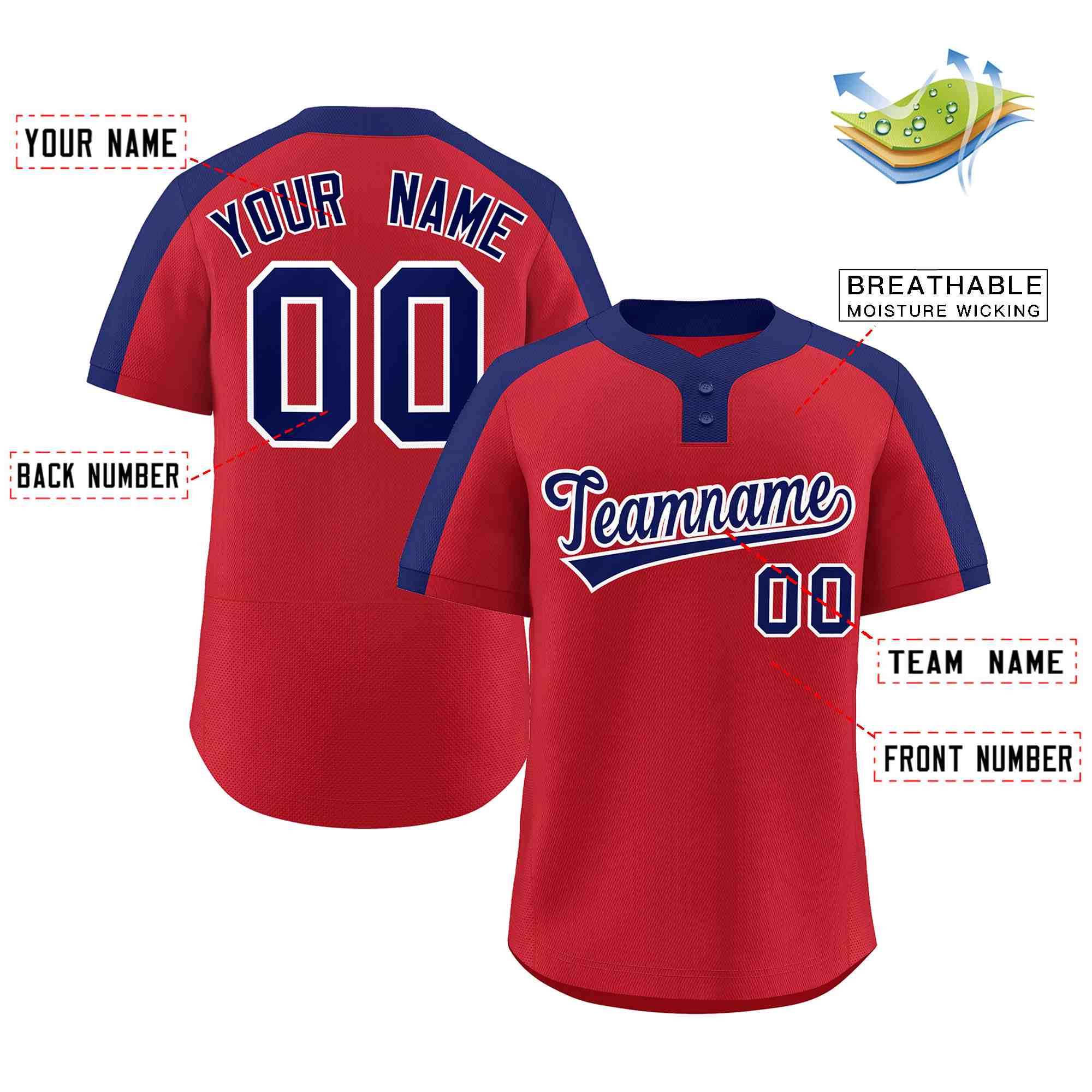 Custom Red Navy-White Classic Style Authentic Two-Button Softball Jersey