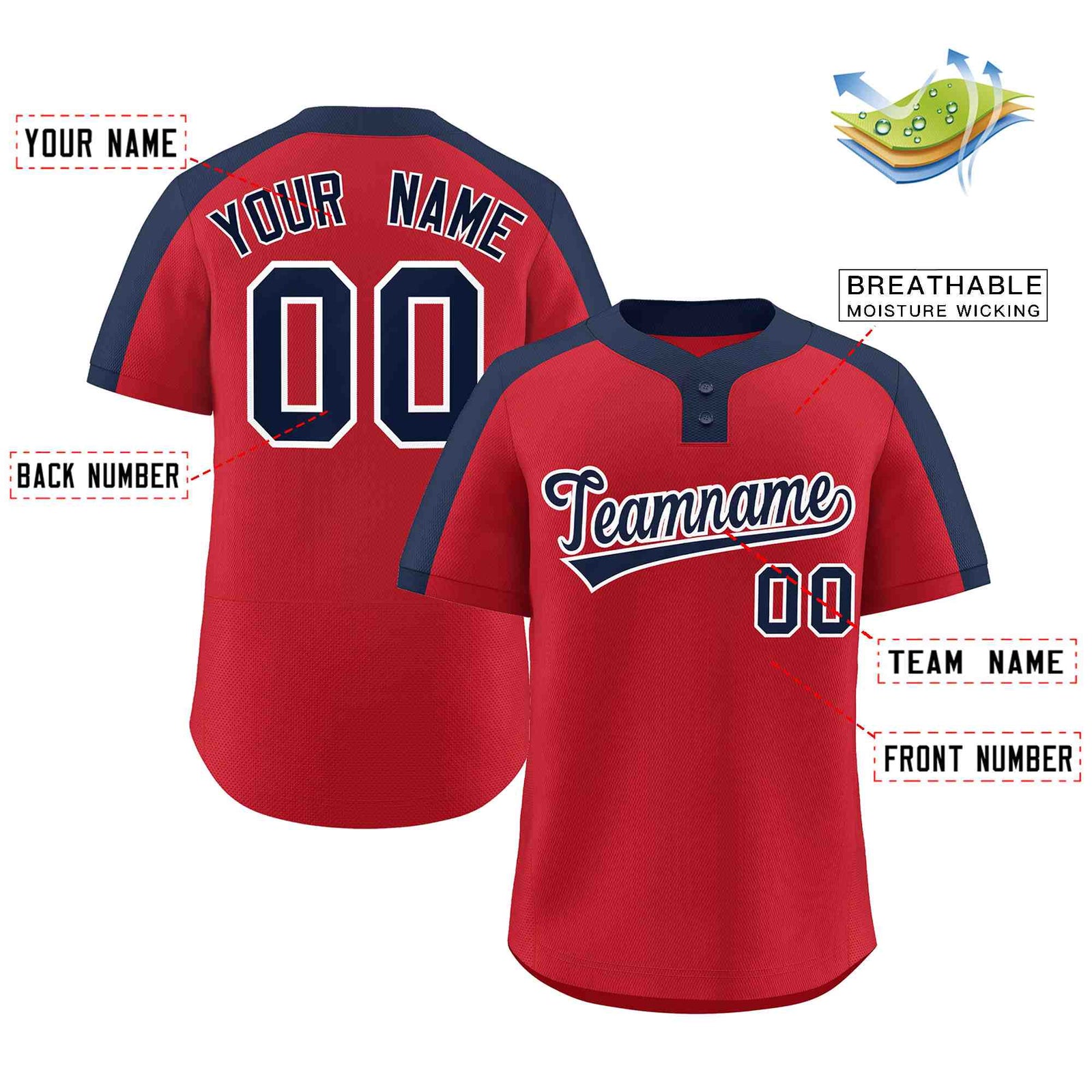 Custom Red Navy-White Classic Style Authentic Two-Button Softball Jersey