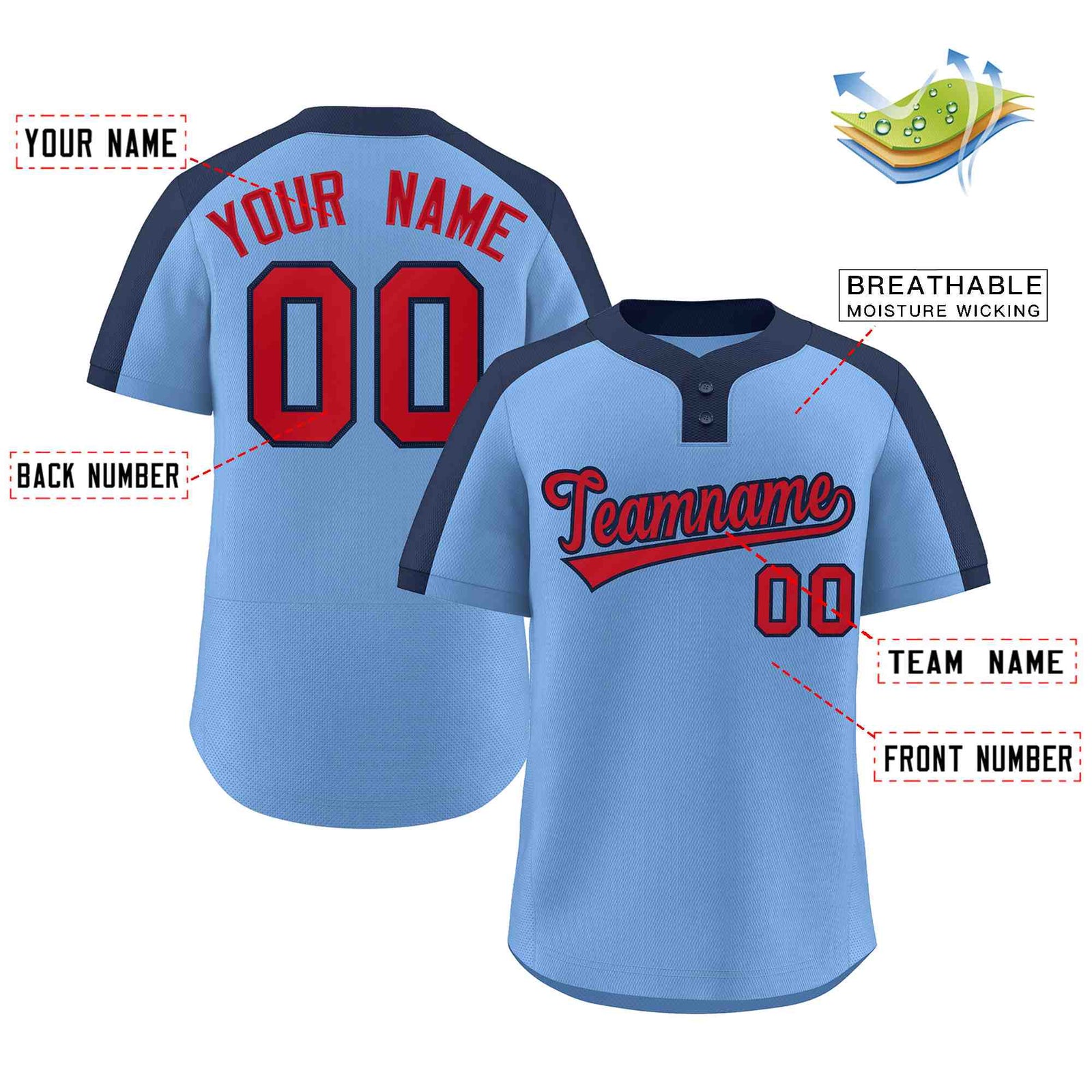 Custom Light Blue Red-Navy Classic Style Authentic Two-Button Softball Jersey
