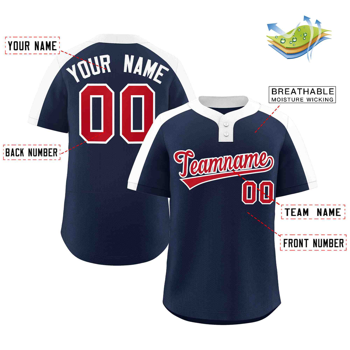 Custom Navy Red-White Classic Style Authentic Two-Button Softball Jersey