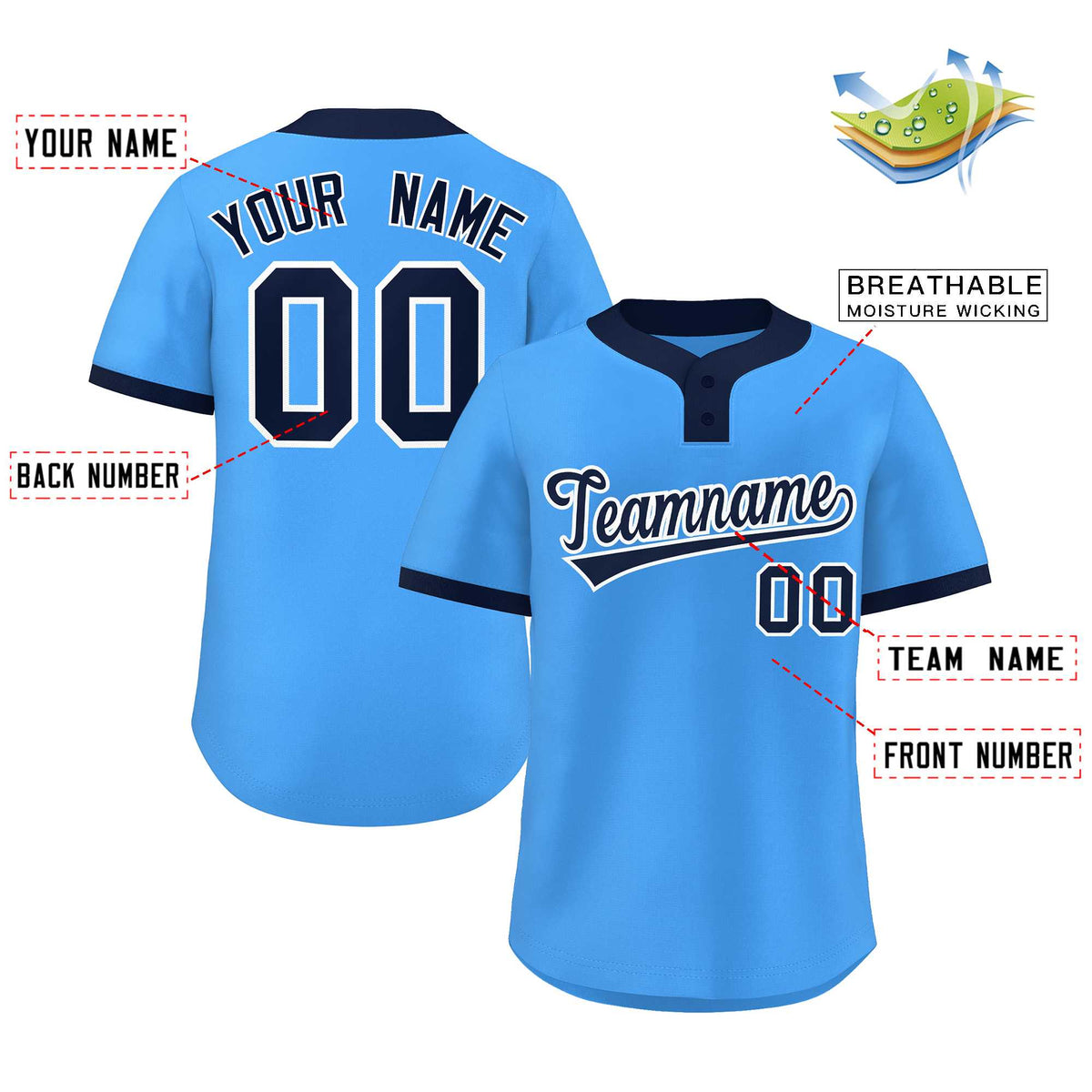 Custom Powder Blue Navy-White Classic Style Authentic Two-Button Softball Jersey