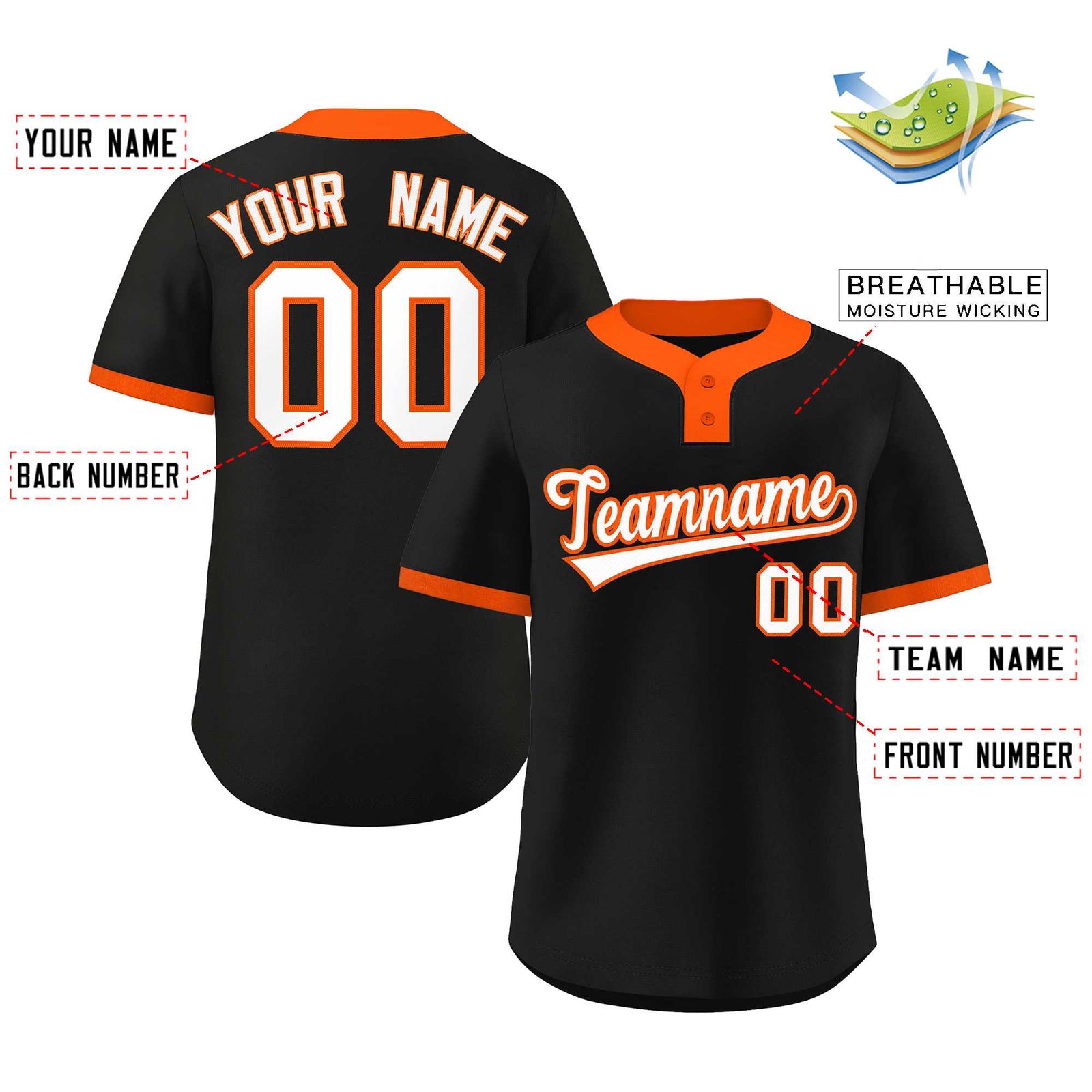 Custom Black White-Orange Classic Style Authentic Two-Button Softball Jersey