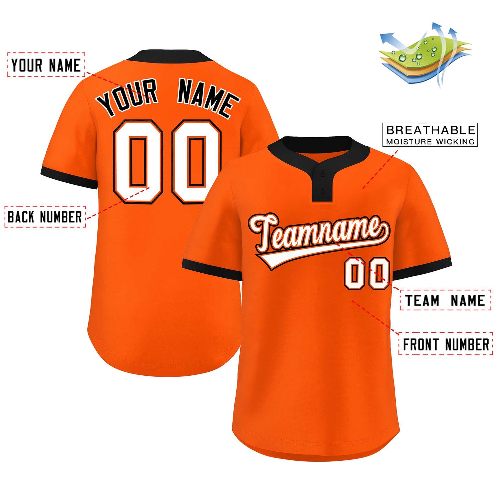 Custom Orange White-Black Classic Style Authentic Two-Button Softball Jersey