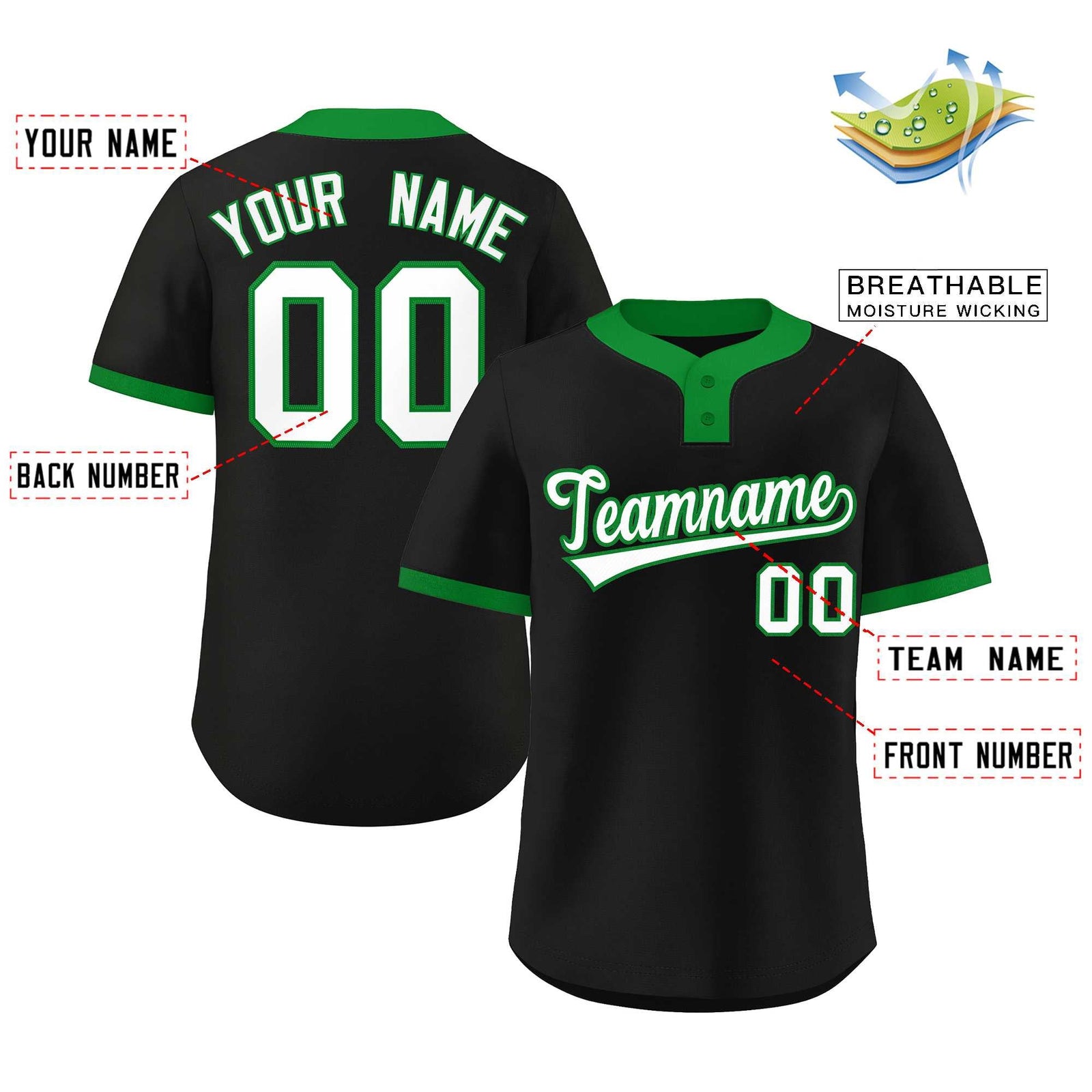 Custom Black White-Kelly Green Classic Style Authentic Two-Button Softball Jersey
