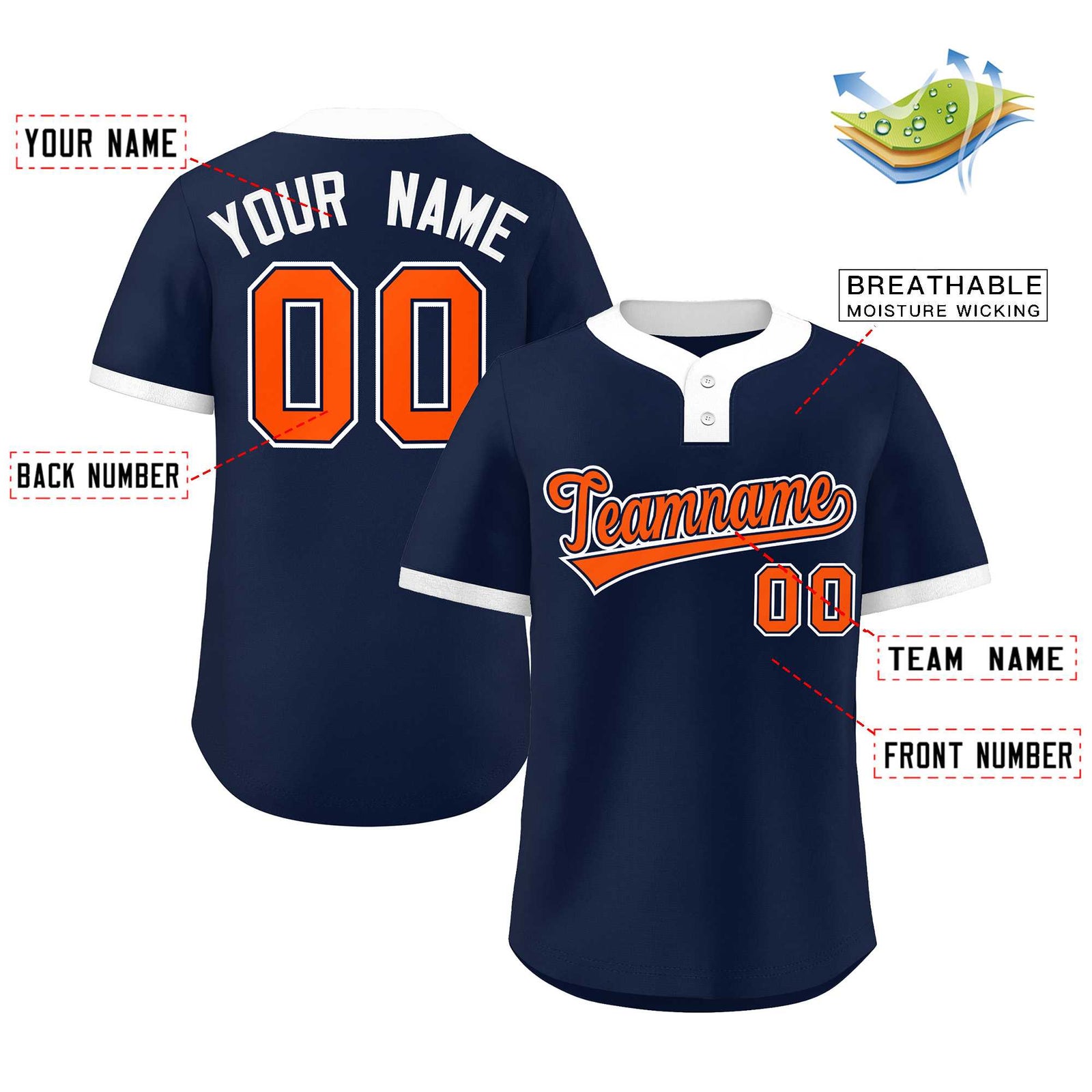 Custom Navy Orange-White Classic Style Authentic Two-Button Softball Jersey