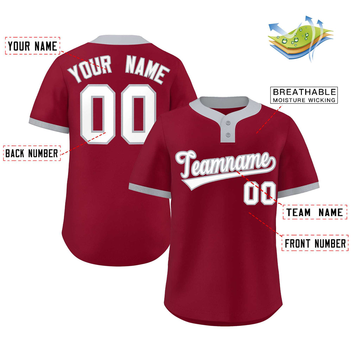 Custom Crimson White-Gray Classic Style Authentic Two-Button Softball Jersey