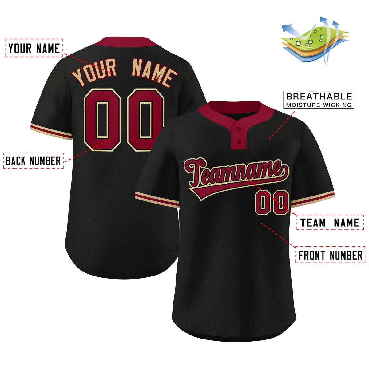 Custom Black Crimson-Old Gold Classic Style Authentic Two-Button Softball Jersey