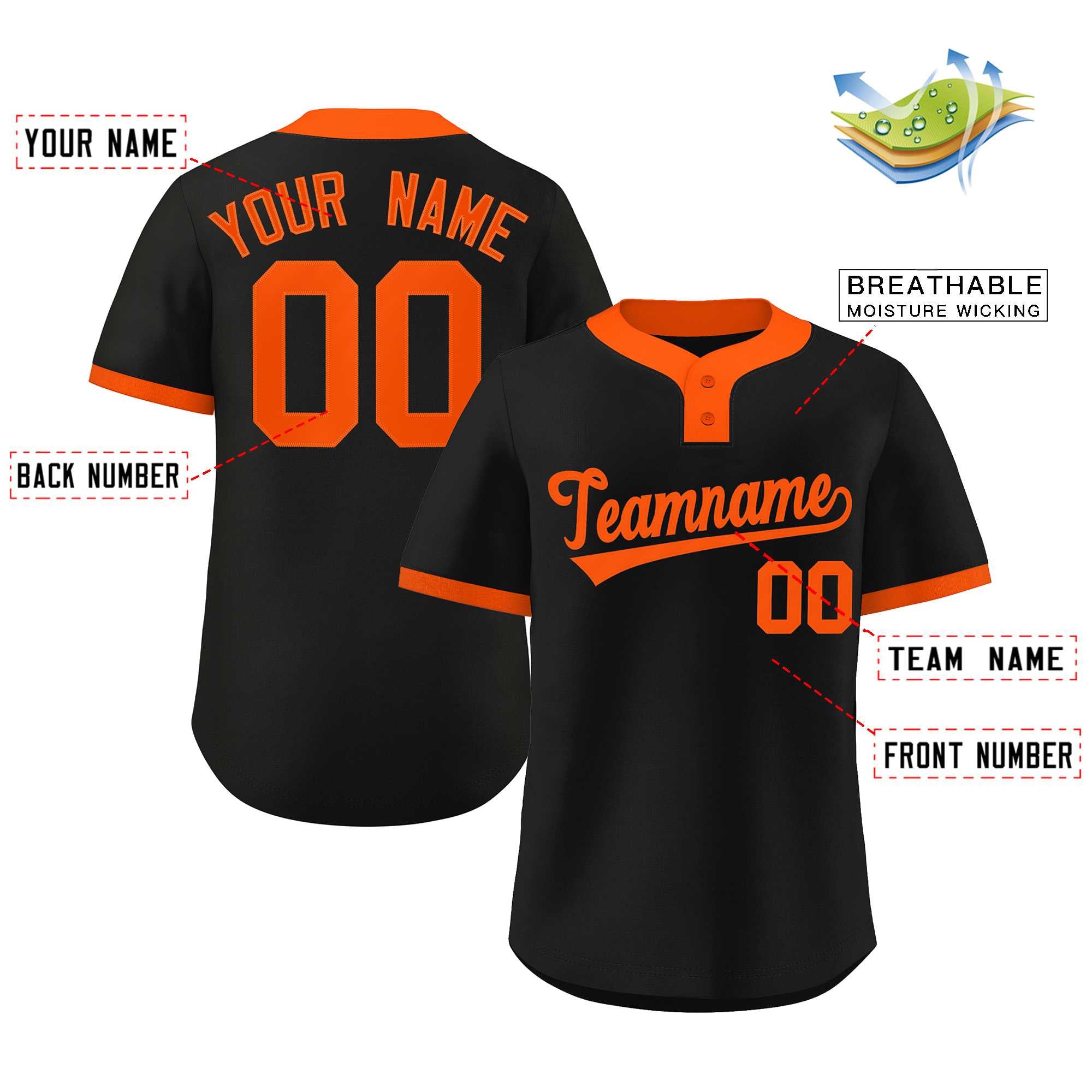 Custom Black Orange Classic Style Authentic Two-Button Baseball Jersey