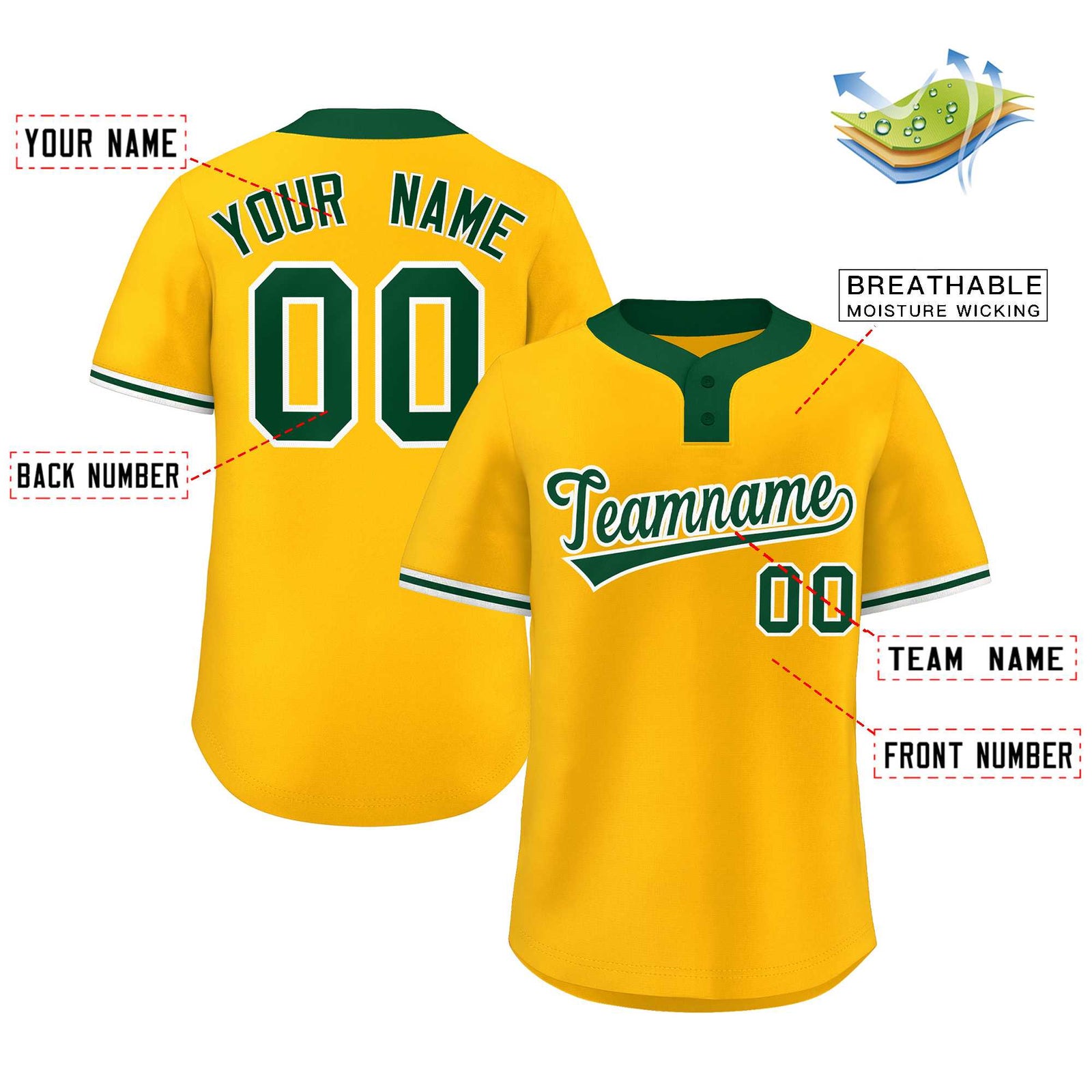 Custom Gold Kelly Green-White Classic Style Authentic Two-Button Softball Jersey