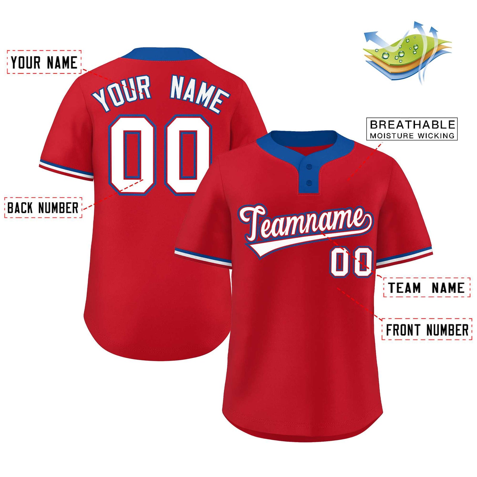 Custom Red White-Royal Classic Style Authentic Two-Button Softball Jersey