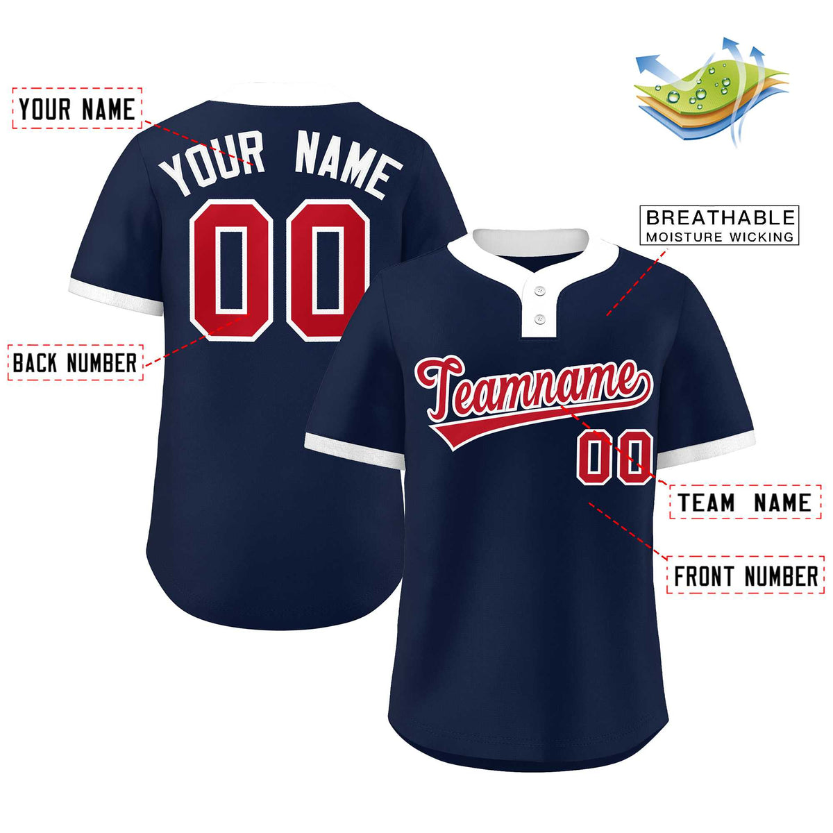 Custom Navy Red-White Classic Style Authentic Two-Button Softball Jersey