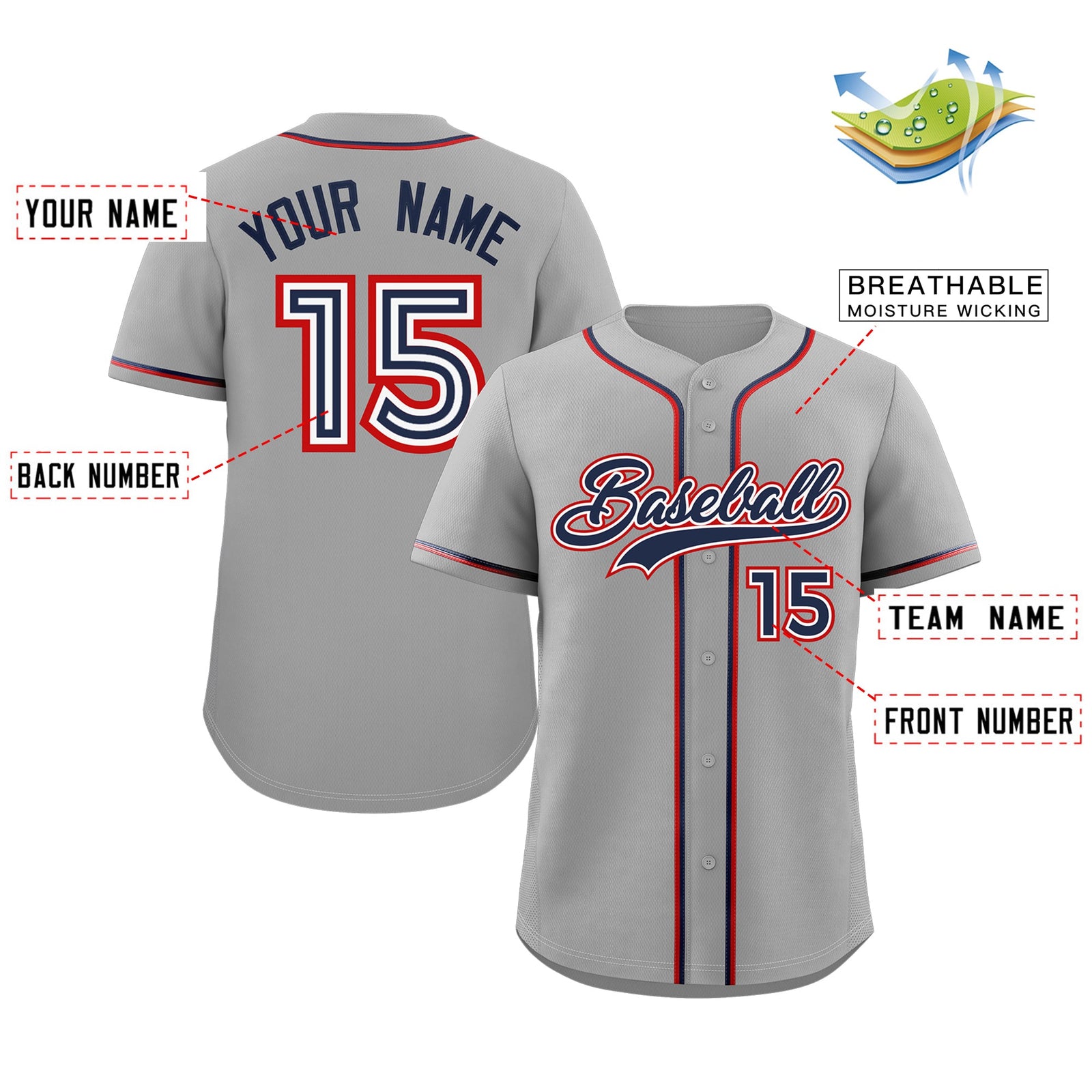 Custom Gray Navy-Red Classic Style Authentic Baseball Jersey