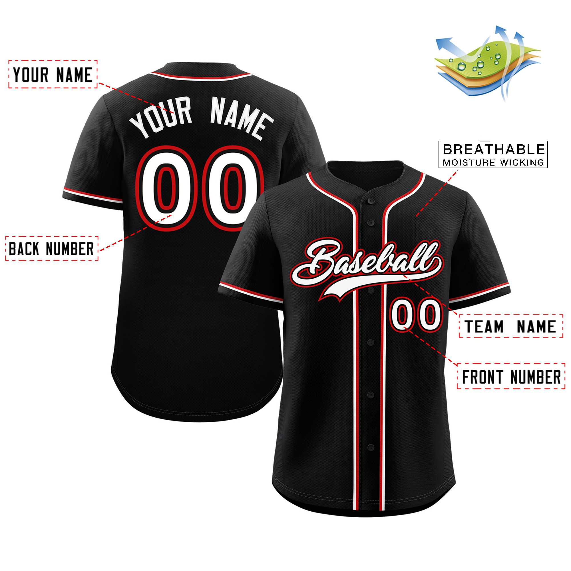 Custom Black White-Red Classic Style Authentic Baseball Jersey