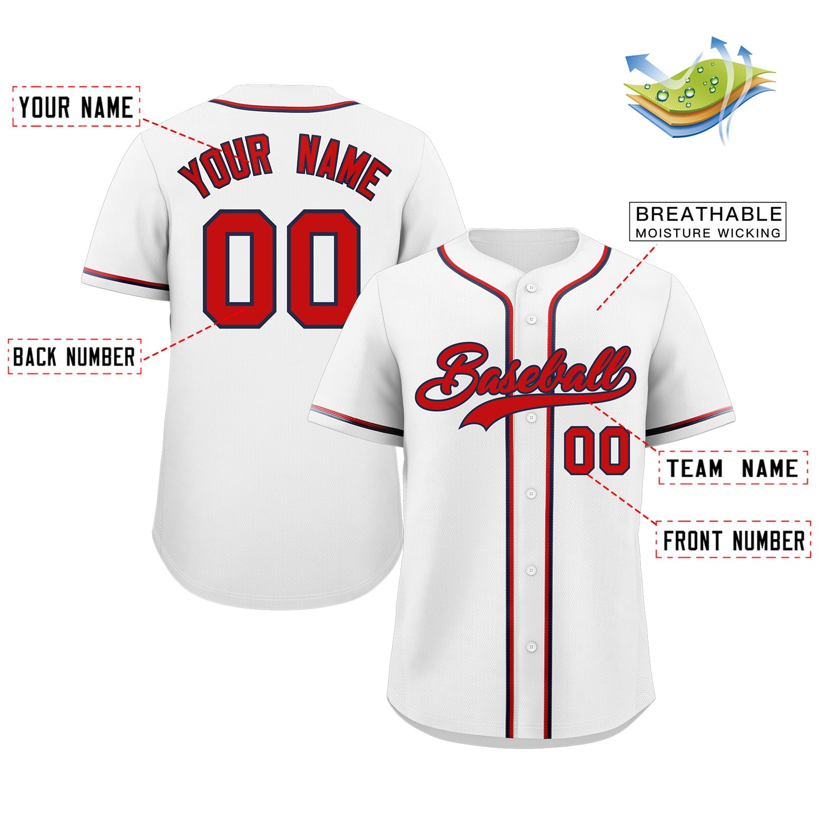 Custom White Red-Navy Classic Style Authentic Baseball Jersey