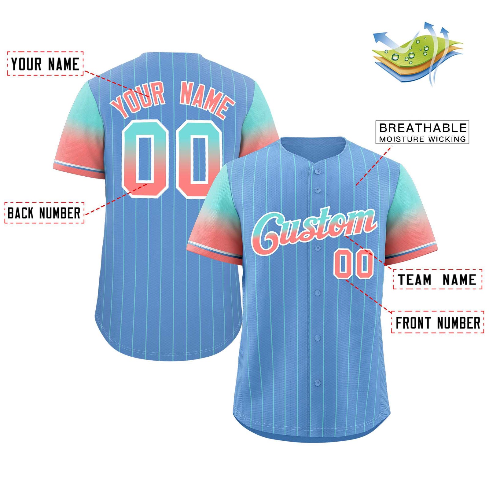 Custom Light Blue Aqua Red-White Stripe Font Gradient Fashion Authentic Baseball Jersey