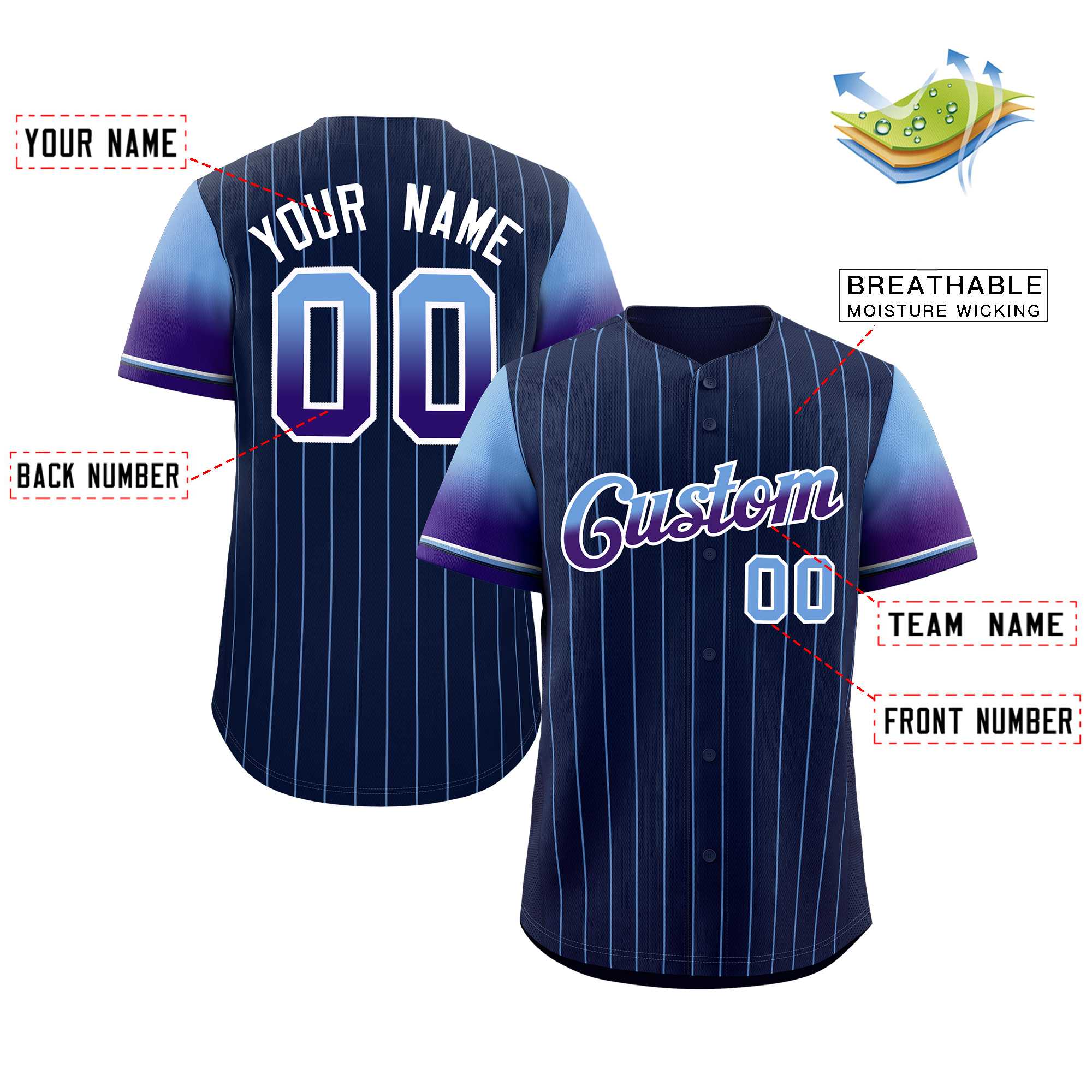 Custom Navy Powder Blue Purple-White Stripe Font Gradient Fashion Authentic Baseball Jersey