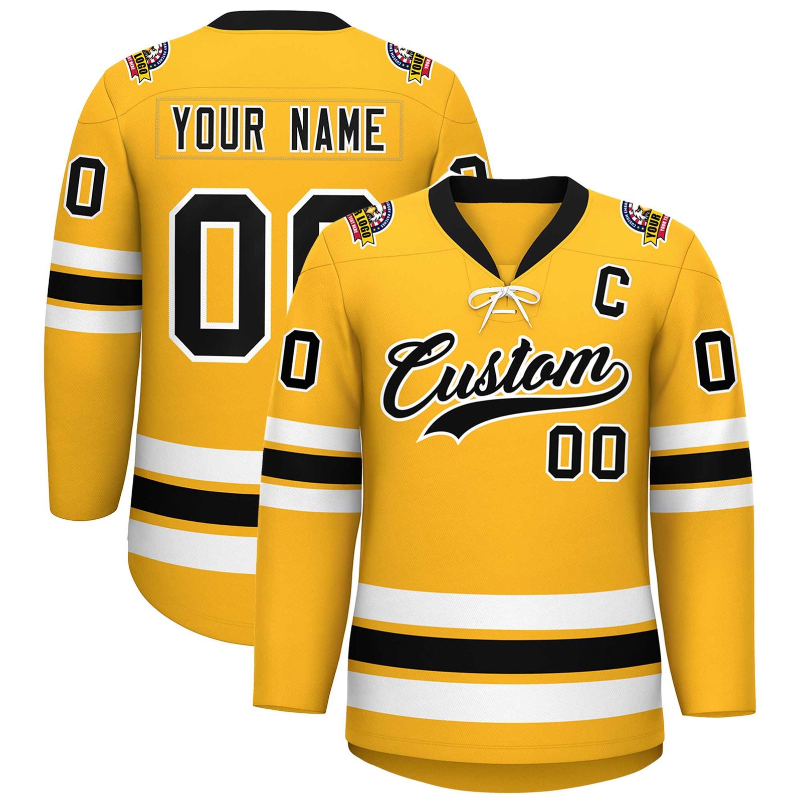 Custom Gold Black-White Lace-Up Neck Hockey Jersey