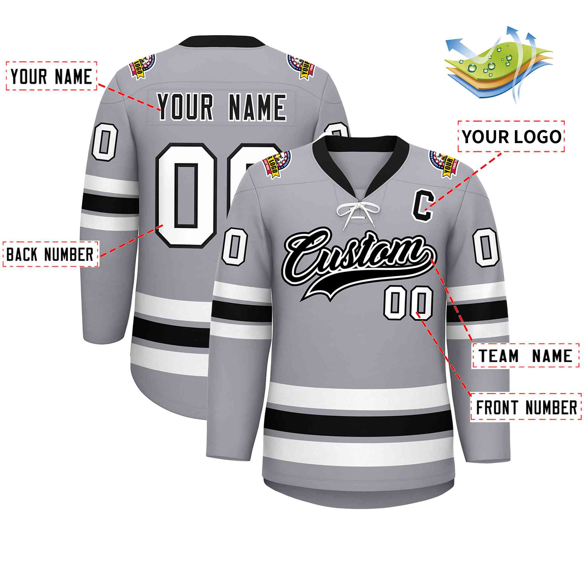 Custom Gray Black-White Lace-Up Neck Hockey Jersey