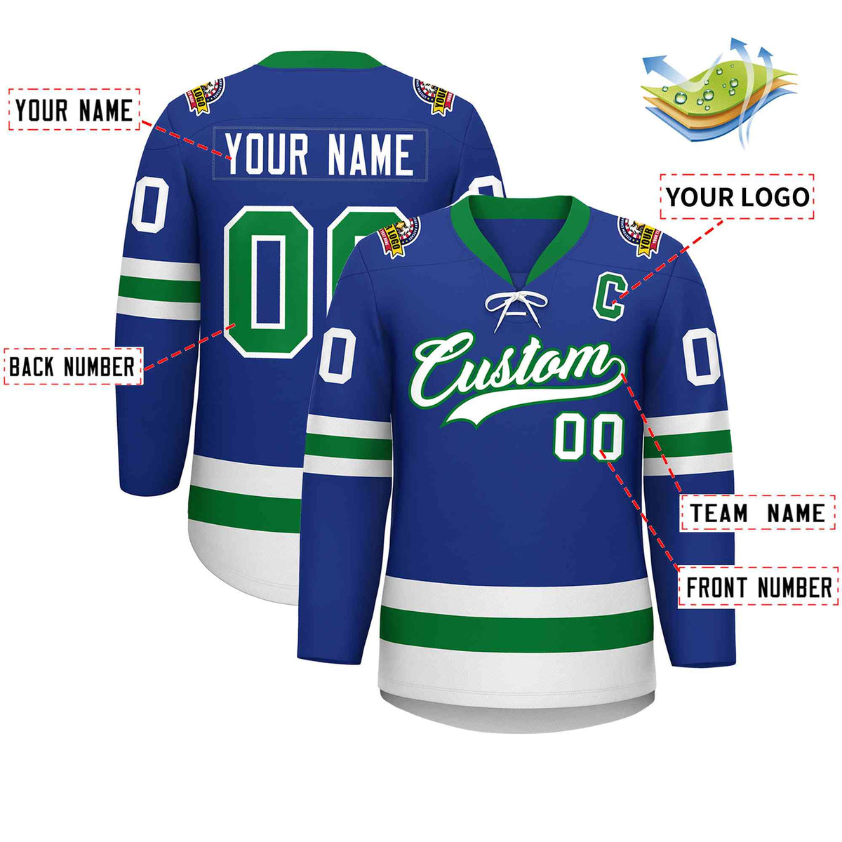 Custom Royal Kelly Green-White Lace-Up Neck Hockey Jersey